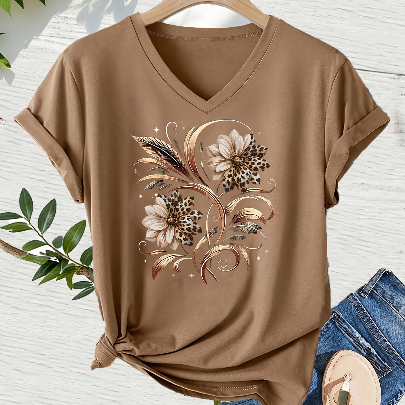 TEMU T-shirt à manches courtes et col en V pour femme avec imprimé floral léopard - Blouse respirante adaptée à une tenue décontractée toutes ,