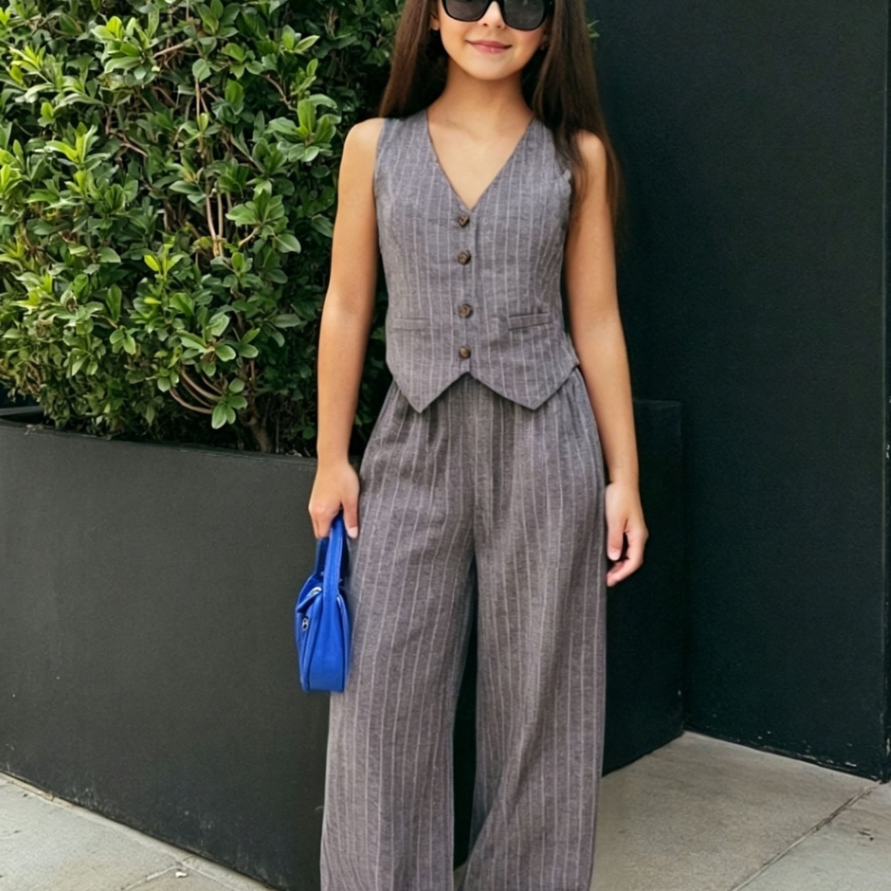 Image of 2pcs Set, Girls 5-12y, Grey Pinstripe Outfit Set, V-neck Button Sleeveless Vest And Elastic Waist Wide-leg Pants, Preppy Business , For Daily School, Party & Outdoor Occasions, For Outdoor