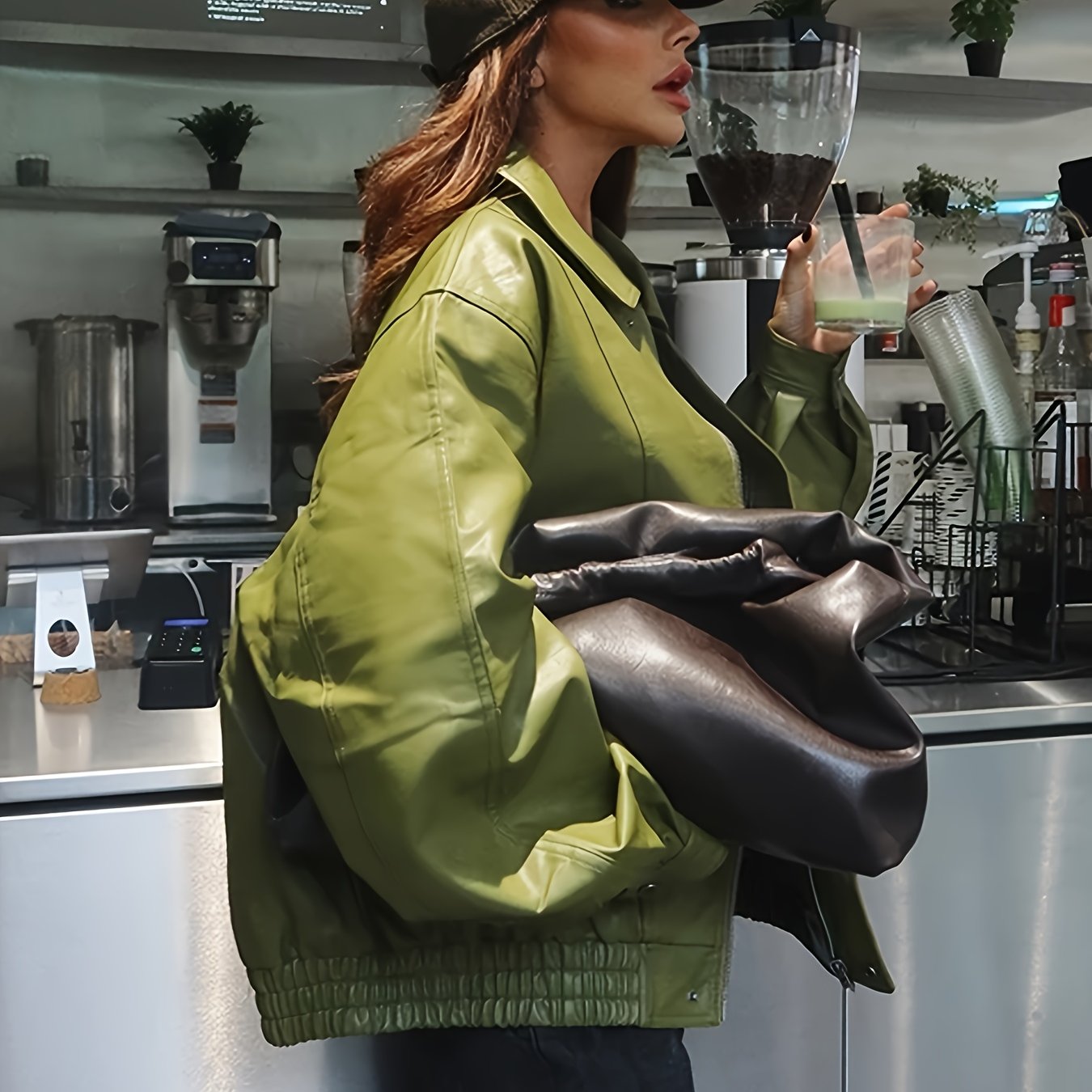 TEMU Autumn/winter Green Pu Lapel Jacket, Elegant Commuter Top