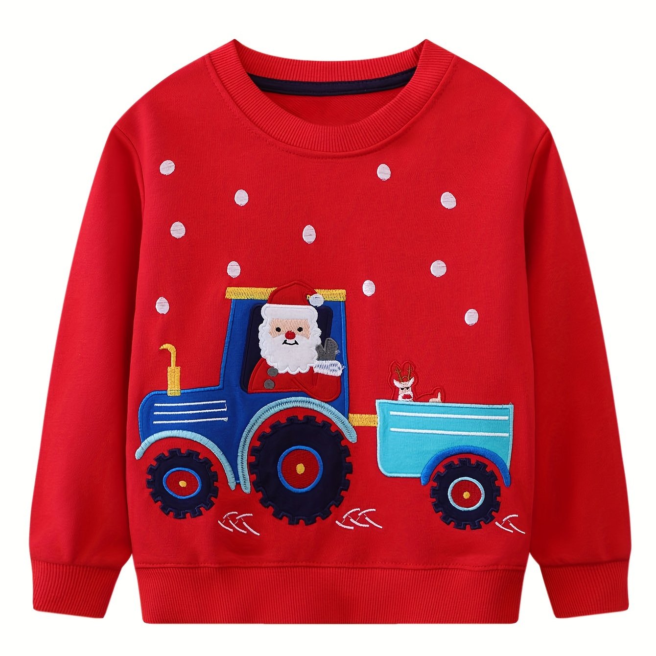 Image of Fall Winter Style Christmas Long Sleeve Sweatshirt Cartoon Embroidery Car Christmas Santa Reindeer Soft Casual Wear
