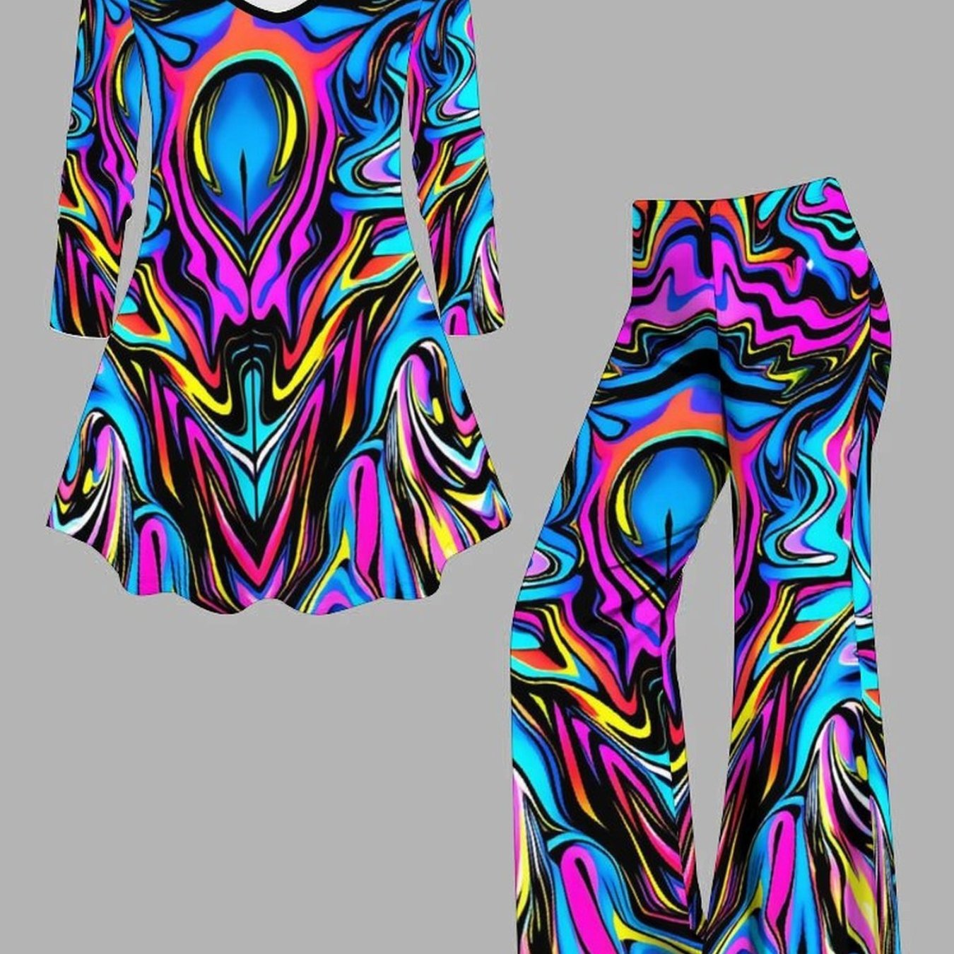 Plus Size, Plus-size Women's 2pcs Set (long Sleeve Top + Flared Pants), Decorated With Trendy Prints. Three-dimensional Tailoring Reshapes And Dynamic Beauty Walk.