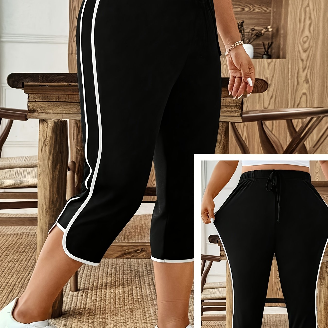 Plus Size -block Side Stripe Waist Drawstring Casual Women's Capri Pants Home Trousers