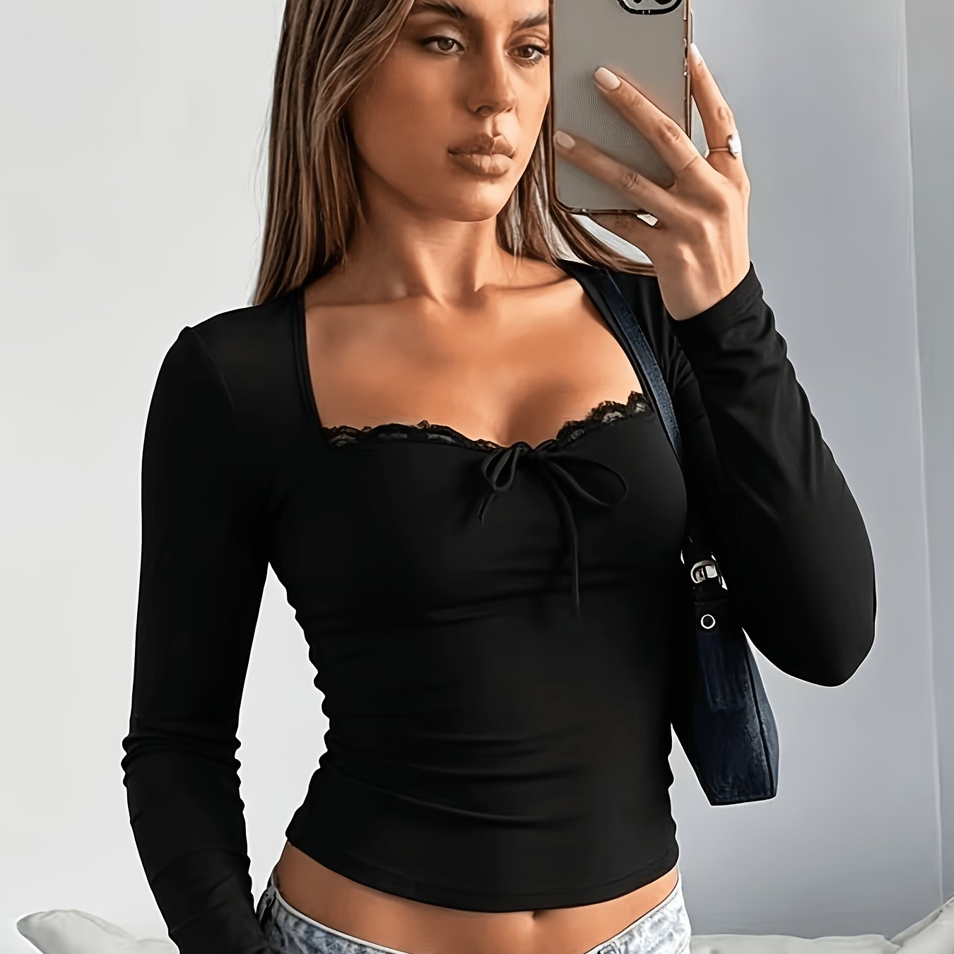 TEMU Lace Trim Base Layer, Spring/autumn , Sexy, Long Sleeve Top T-shirt