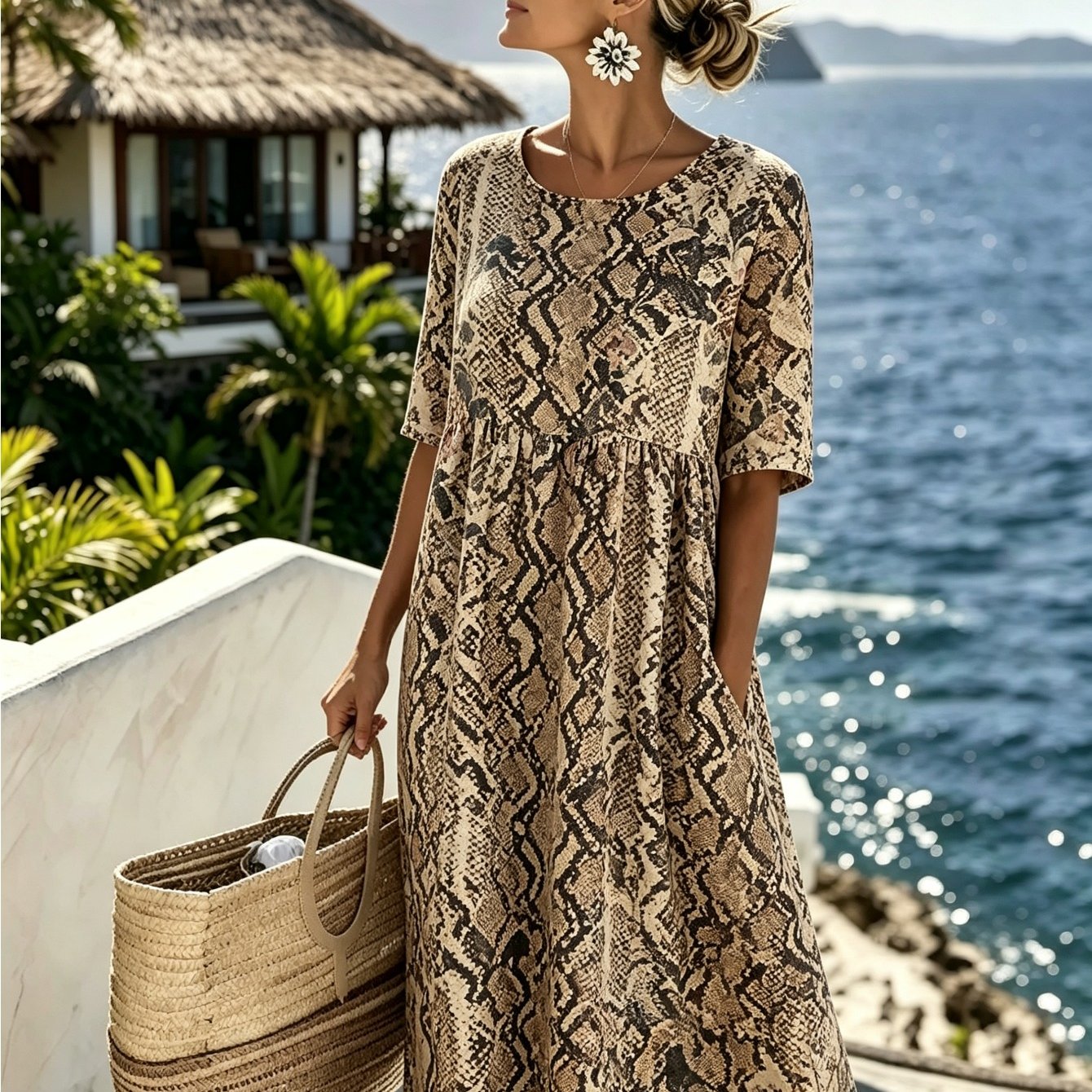 Women's Geometric Print Midi Dress - Round Neck Half Sleeve With Pockets, Casual Loose Fit Summer Dress For Vacation Beach Daily Wear