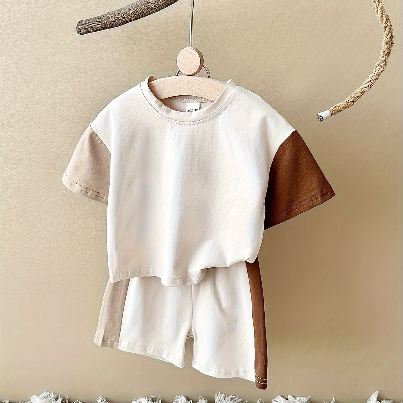 Image of Infant And Toddler Short Sleeve Set With Color Block Loose Soft Round Neck T-shirt And Sports Shorts Two-piece Summer Outfit, Perfect For Outdoor,boys And Girls Clothes