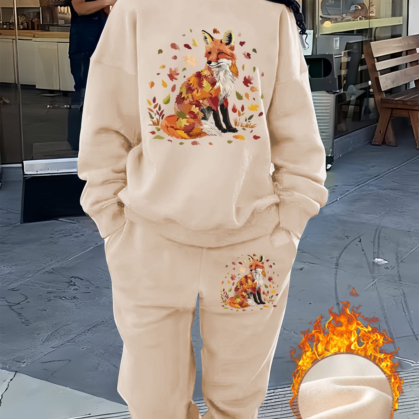 TEMU Seasonal Charm, Women's Print Two-piece Set - Crew Neck Sweatshirt & Joggers, Warm Autumn/winter Ensemble, Machine Washable