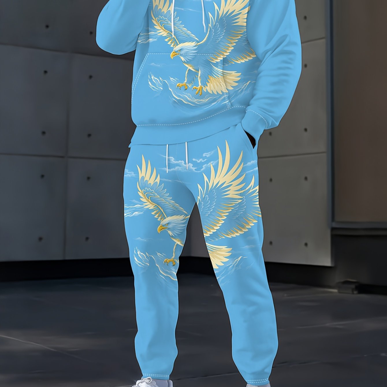 TEMU Dark Print Eagle Pattern Hoodie Sports Set: A Perfect Blend Of Style (top   Pants Two-piece Set)
