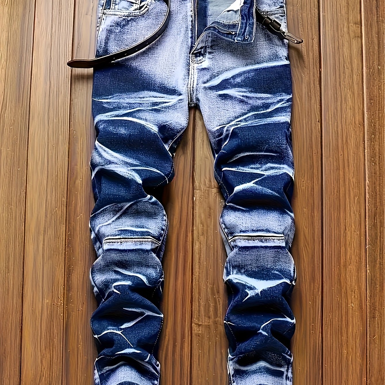Image of Men's Straight-leg Slim-fit Stretch Denim Pants With Floral Embroidery And Heavy-duty , Suitable For (belt Not Included)