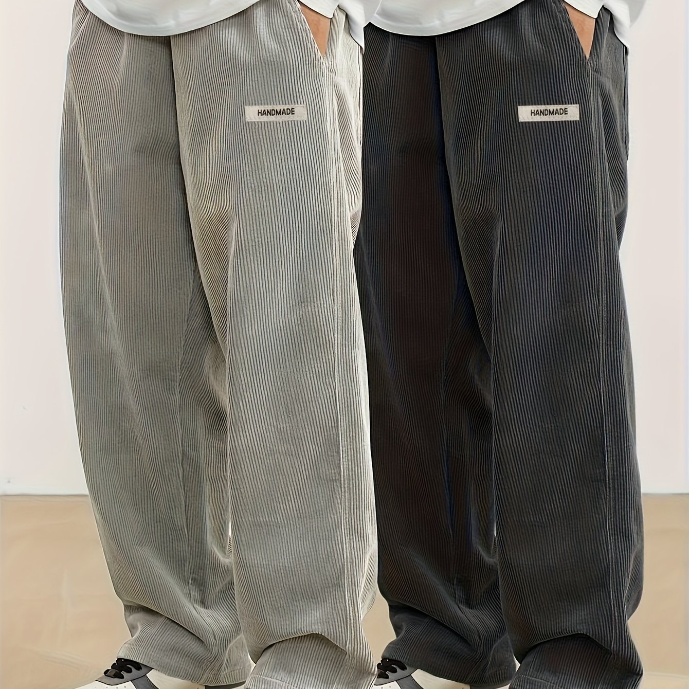 2pcs Men's Casual Corduroy Long Pants Set, Drawstring Detail, Multi-functional Daily Wear, Plus Size