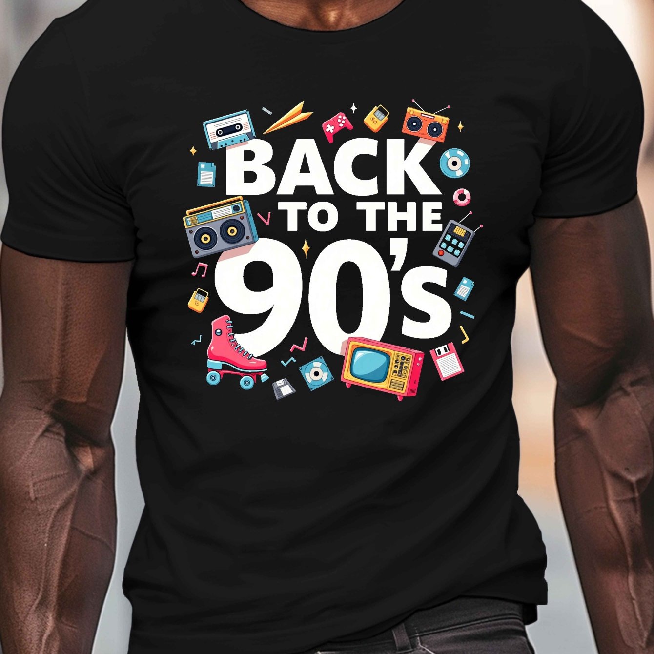 TEMU Men's Retro "back To The 90's" Graphic Tee - Royal Blue Crew Neck Short Sleeve T-shirt With Vintage Radio & , Lightweight Summer Casual Top For