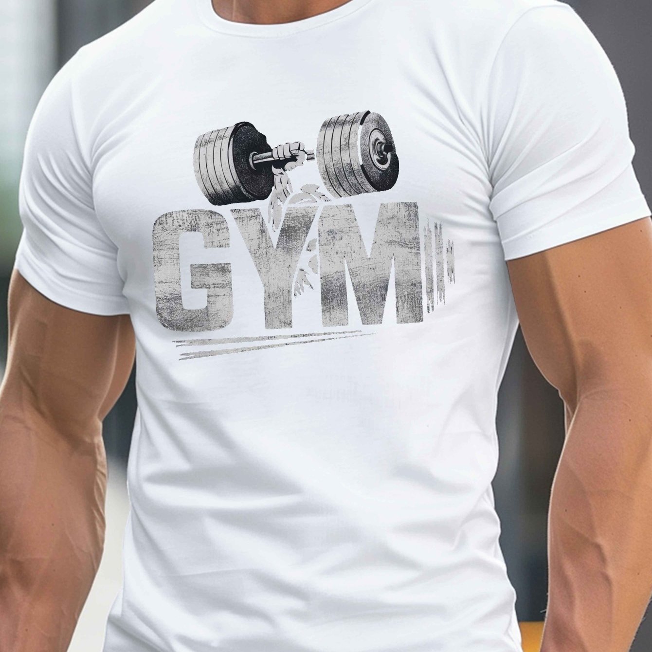 TEMU Dumbbell Gym In Distressed Letters Print, Men's Round Crew Neck Short Sleeve Tee, Casual T-shirtcasual Comfy Lightweight Top For Summer
