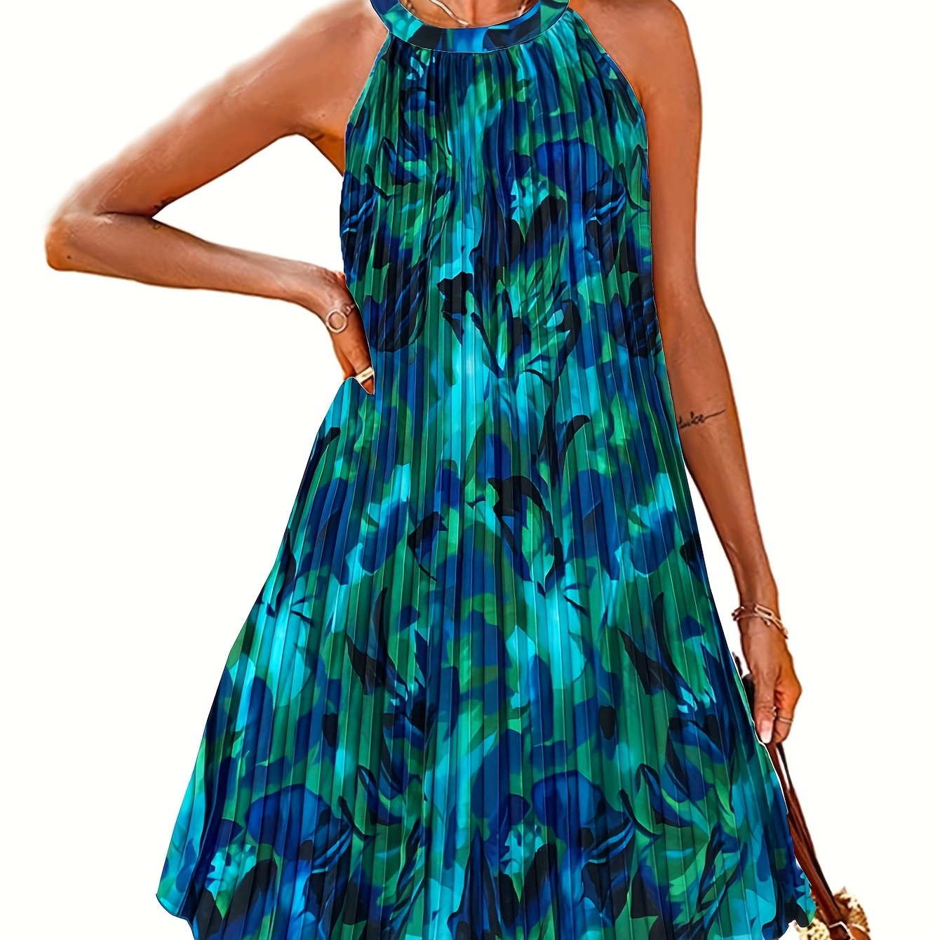 Image of [] Women's Sleeveless Halter Dress - Vibrant Abstract Print, Pleated A-line Skirt With Back Clasp, Polyester, Perfect For Spring/summer Vacations