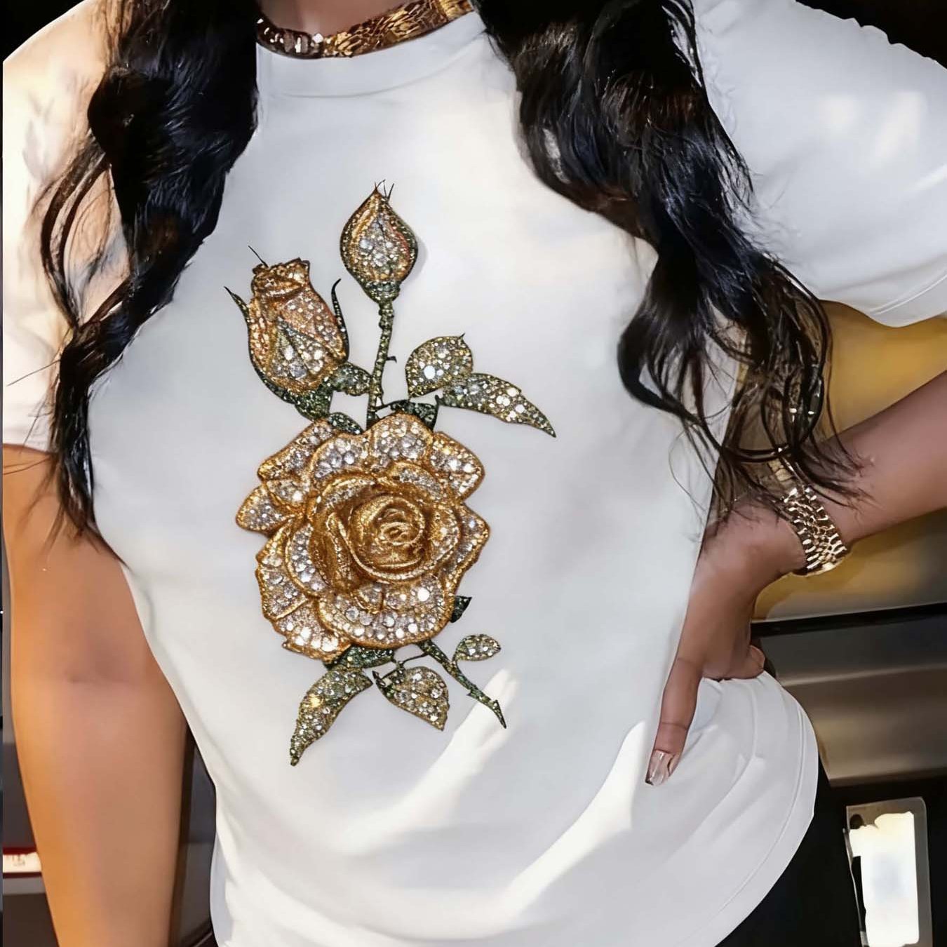 TEMU Women's Plus Size Rhinestone Rose Floral Print T-shirt - Elegant Short Sleeve Blouse With Round Neck, Comfy Layering Top For Curvy, Machine