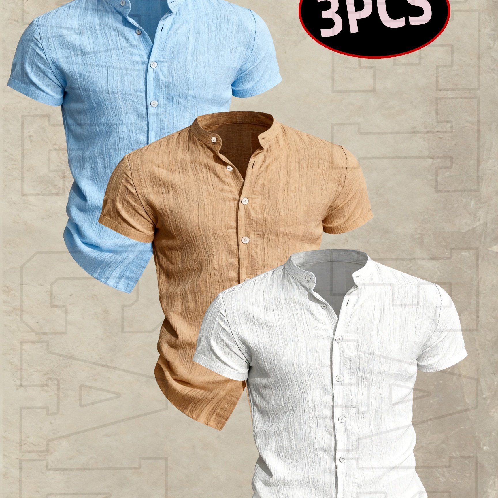 TEMU Ensemble de 3 pièces Rose OBM pour homme : Cardigan chemise d'été à manches courtes - Léger et respirant avec col à l', couleur unie, tenue de