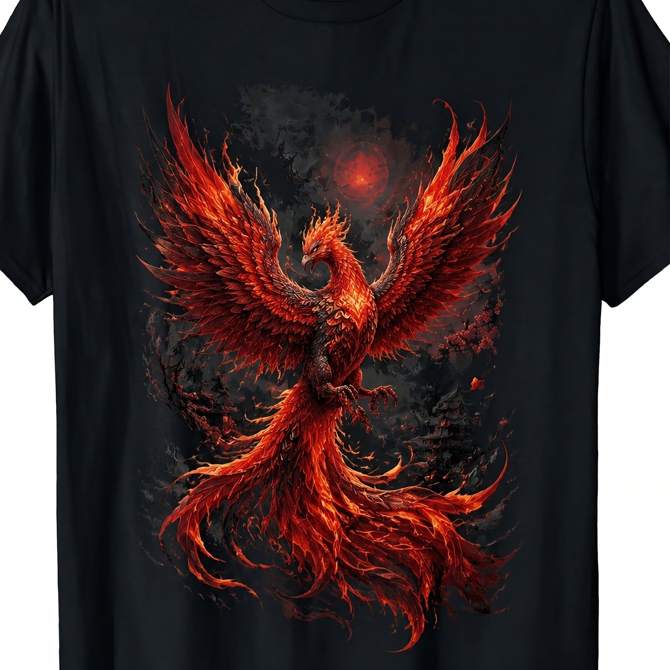 Image of Men's Mythical Fire Phoenix Graphic Tee, Art Print T-shirt, Streetwear Style, Ideal For Daily Wear And Festival Outfits