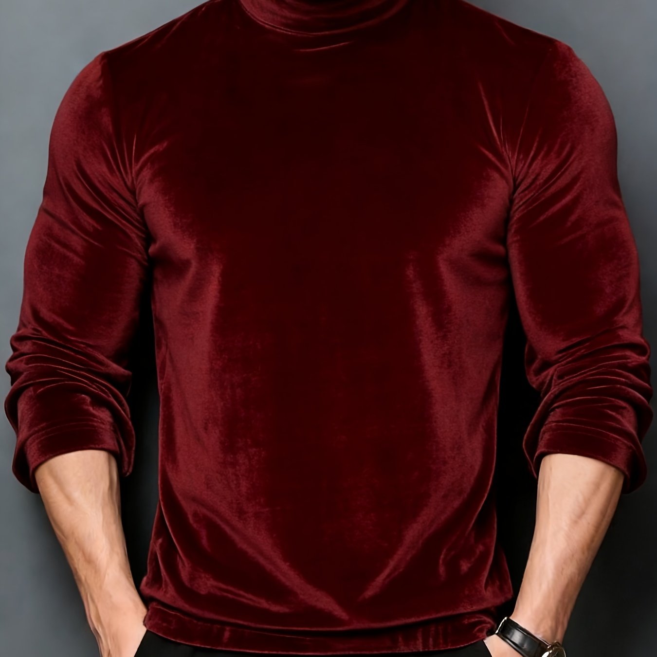 TEMU Luxury European Velvet T-shirt, Semi-high Neck High-elastic Long Sleeve, Soft And Comfortable Slim Fit Men's Fashion Top