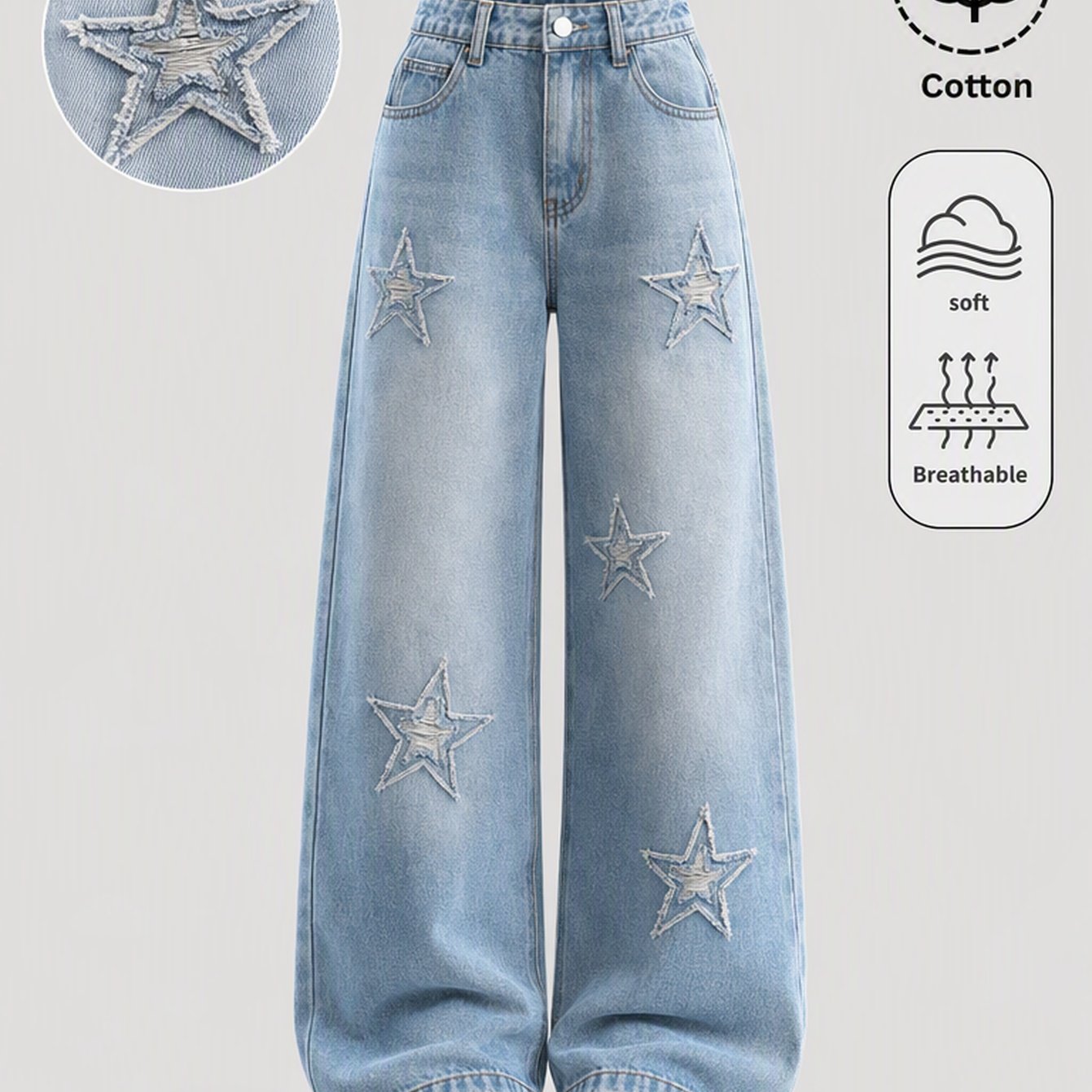 Girls Y2k Baggy Jeans, Light Wash Wide Leg Pants With Distressed Star , Soft Breathable Loose Fit Streetwear, Labor Day Weekend Travel Outfit, Early Fall Clothes, School Weekend Wear