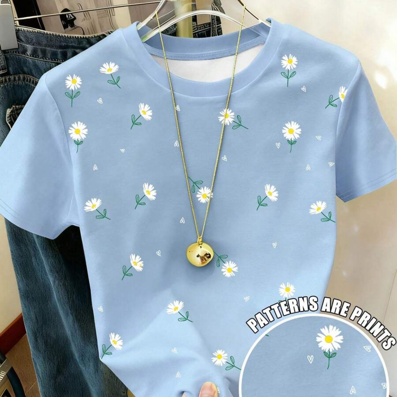TEMU Plus Size - Plus Size - Women's Daisy Print Round Neck Short Sleeve Casual Versatile T-shirt