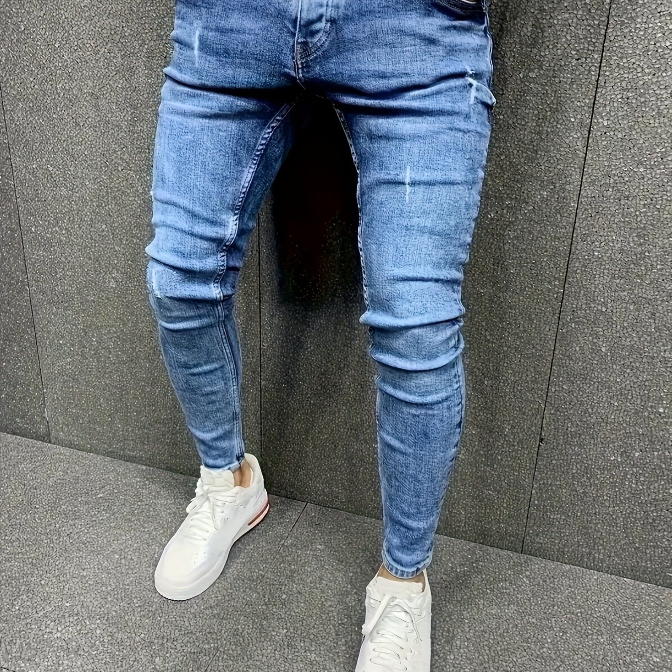 Image of Men's Slim Fit Ripped Jeans, , High Elasticity, Versatile Light Blue, Suitable For