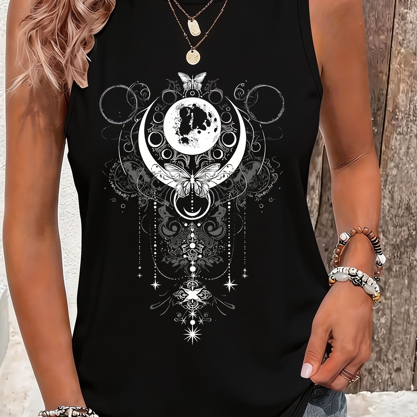 TEMU With Moon Gothic Pattern Printing, Printed Casual Camisole Women's Casual Letter Slim Round Neck Vest, Suitable For Summer Wear, Warm Weather
