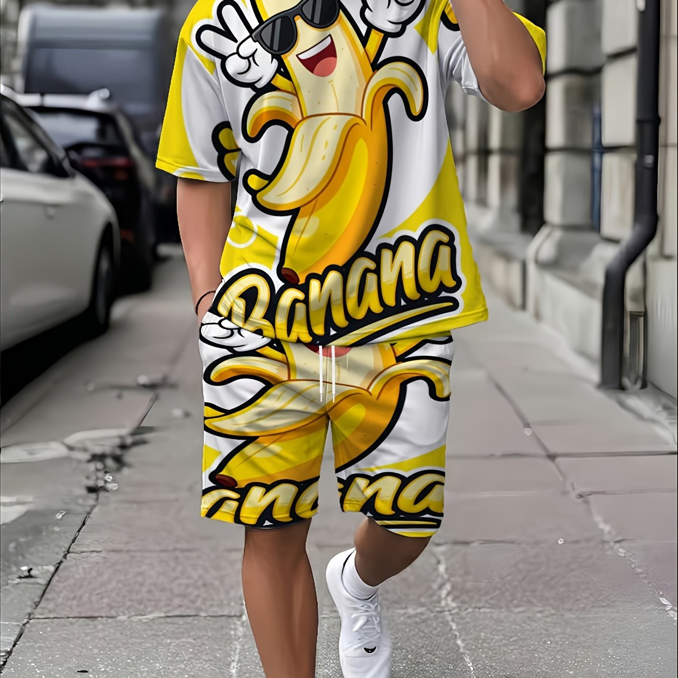 TEMU Men's T-shirt And Shorts Set, Fun Cartoon Style, Fashion Glasses Banana Pattern, , Suitable For Daily And Casual Wear