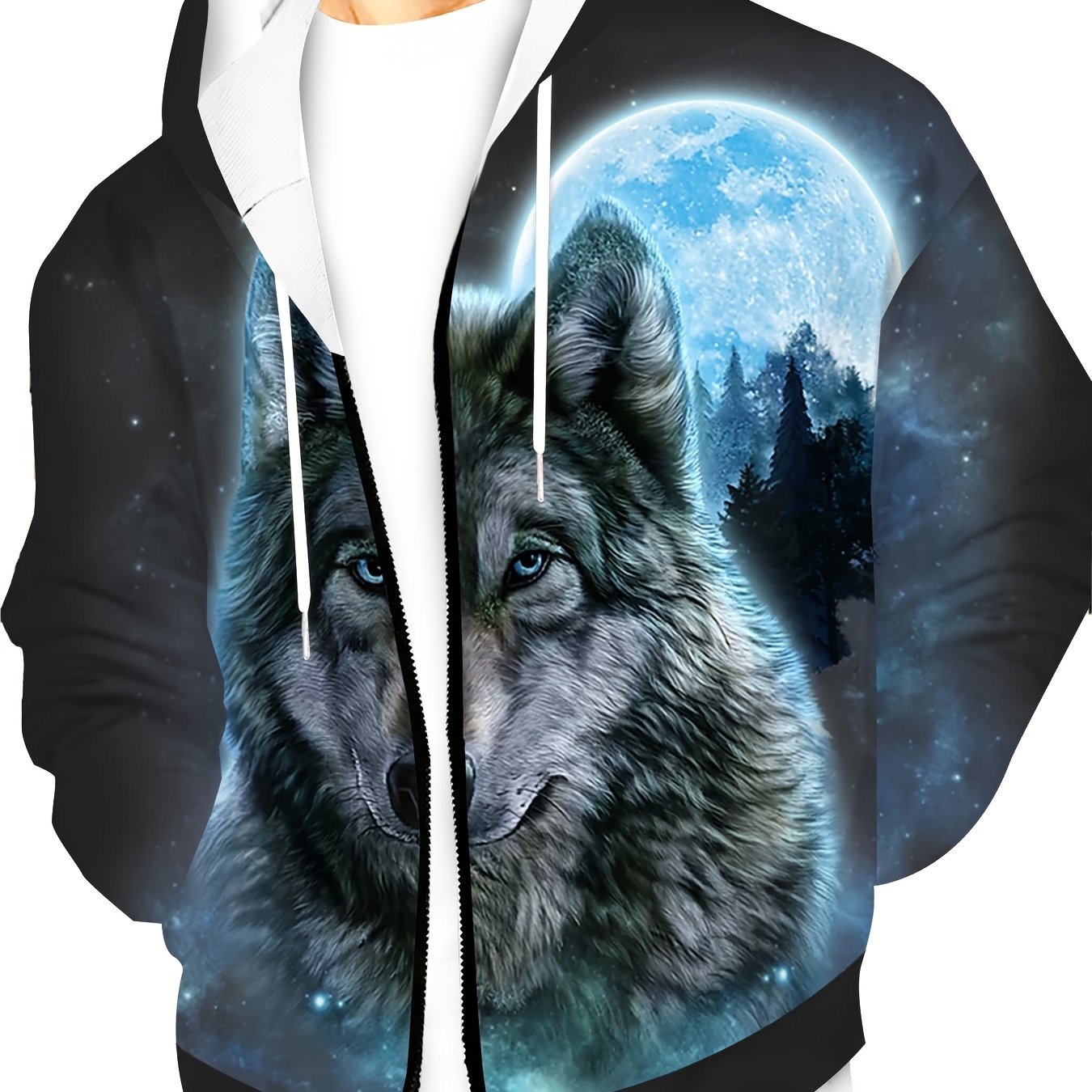 TEMU Men's Plus Size Lightweight Zip-up Hoodie - Wolf Spring Autumn Winter Casual Polyester Pullover, Machine Washable, Zip-up Hoodie, Large Size,
