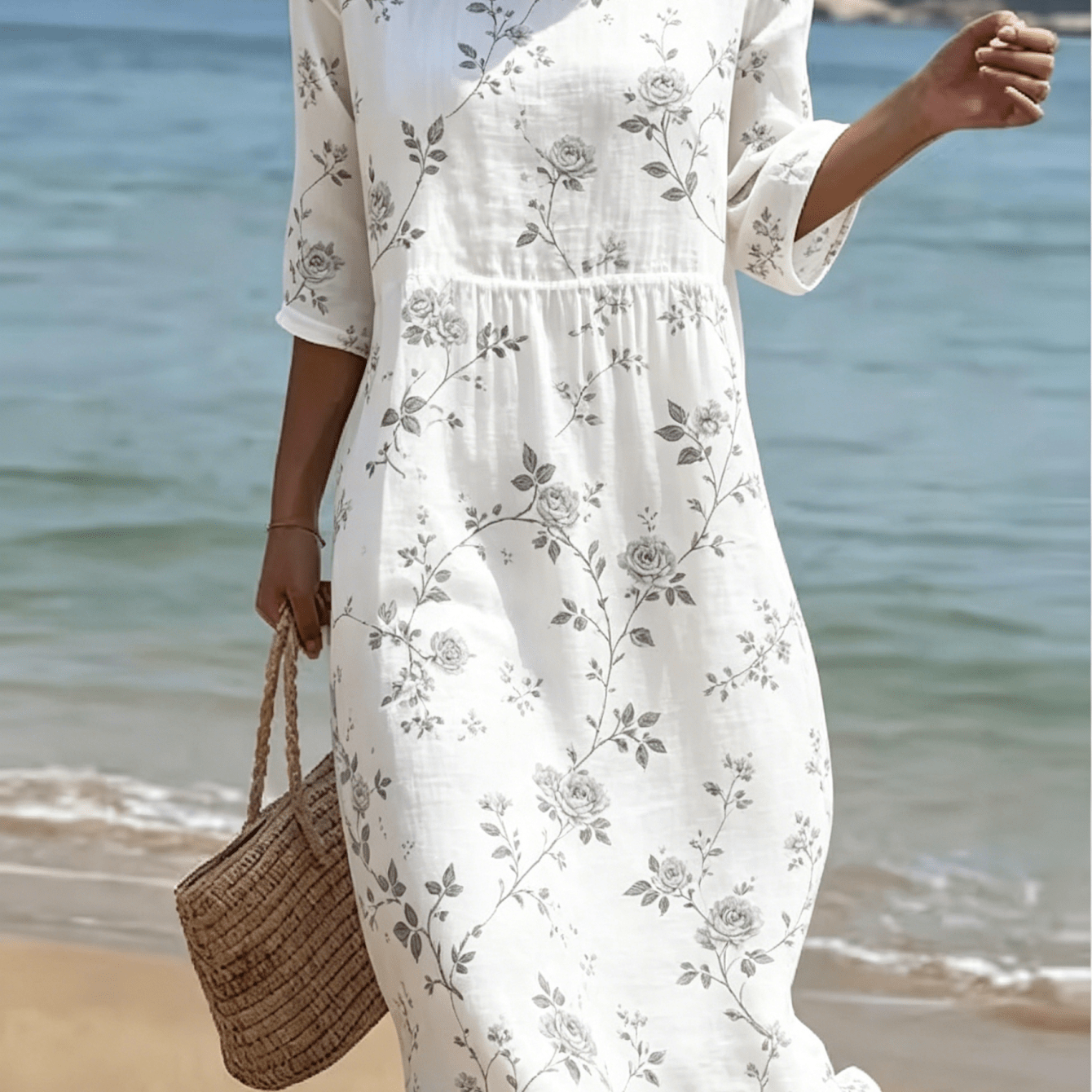 Image of Women's Line Art Print Midi Dress, Casual Crew Neck 3/4 Sleeve Fiber Fabric Dress, Vintage Floral Vine Print, Minimalist Boho Loose Dress For Summer