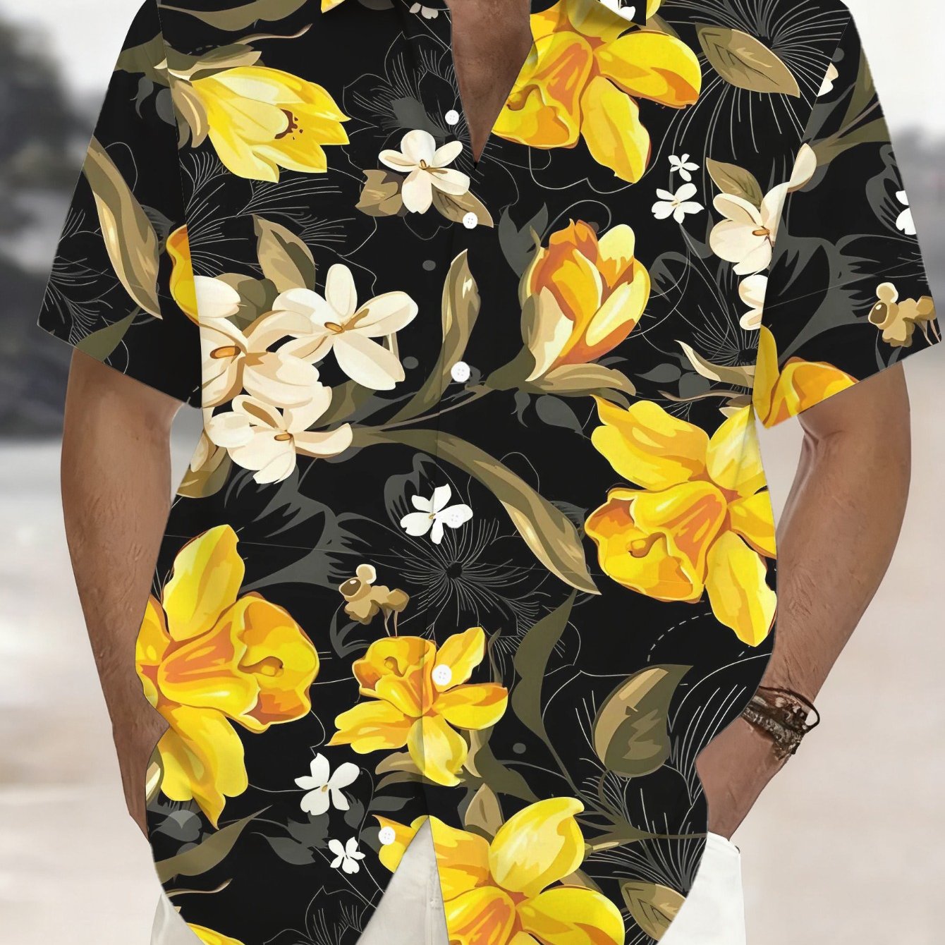 TEMU Chemise Aloha Hawaïenne pour Homme - Chemise d'été décontractée à imprimé floral tropical hawaïen pour homme, Jaune vif avec fleurs beige, Tissu