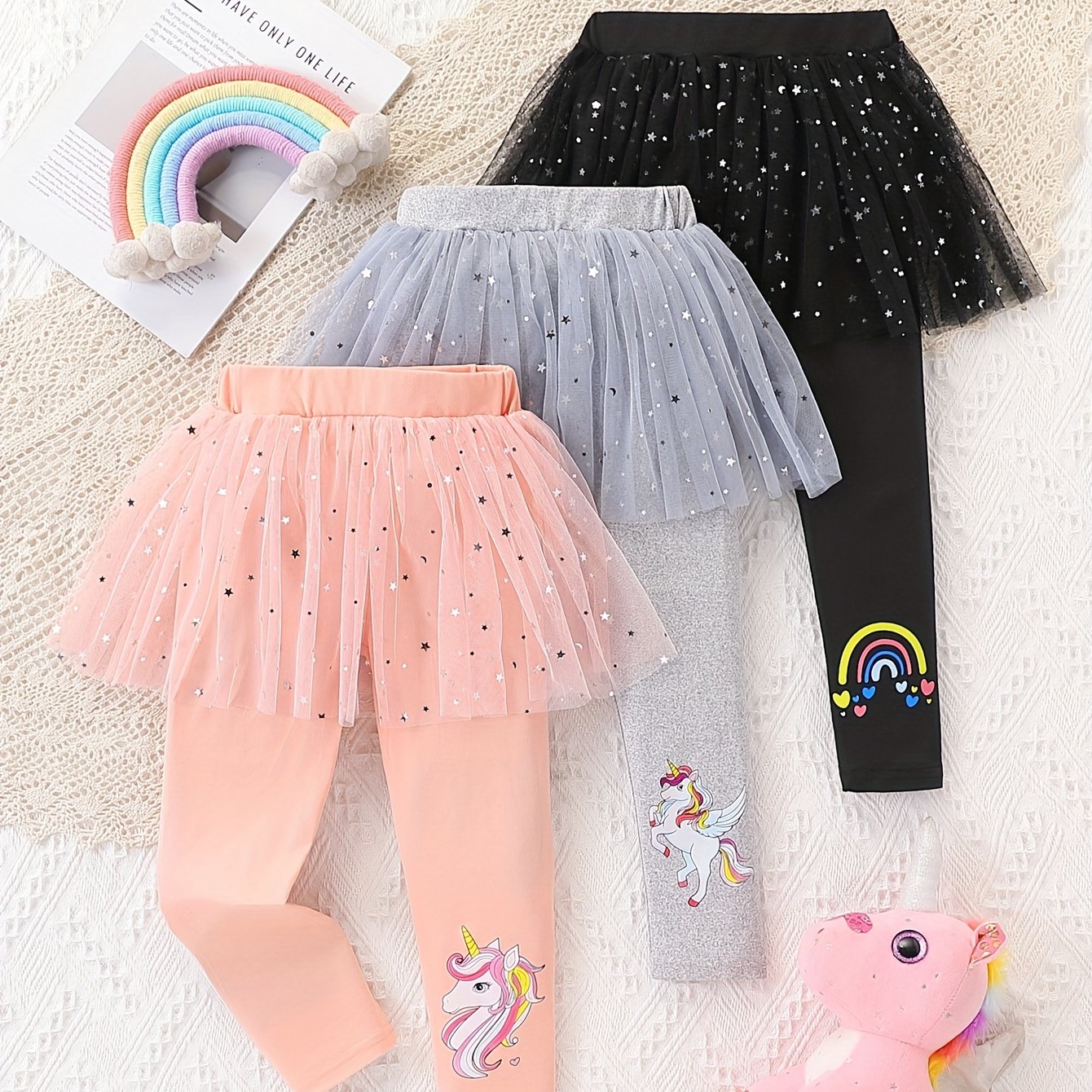 Image of Fashionable 3pcs Girls' Stretch Mesh Skort Set, Spring/autumn Style Children's Long Pants For Little Girls, Stylish Cartoon Pants, Perfect For Outdoor,christmas,halloween