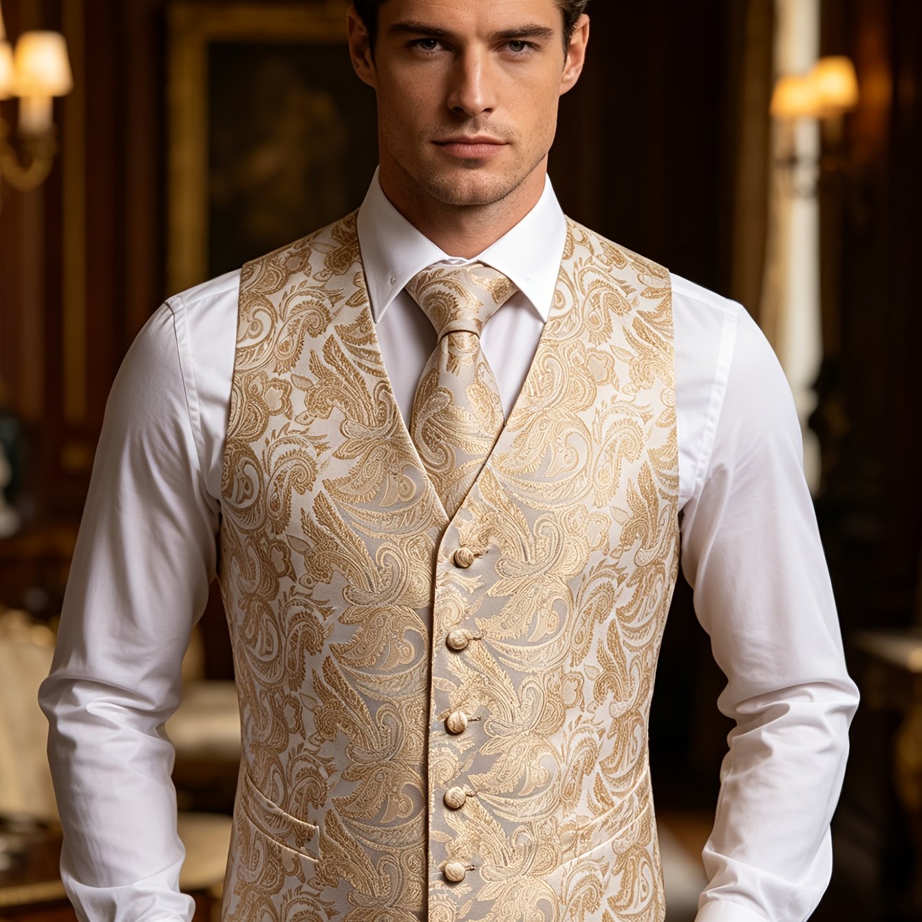 Plus Size Men's Stylish Apricot Paisley Jacquard V-neck Waistcoat Vest & Tie & Bow Tie & Pocket Square 4pcs Set, Formal Suit Set For Banquet