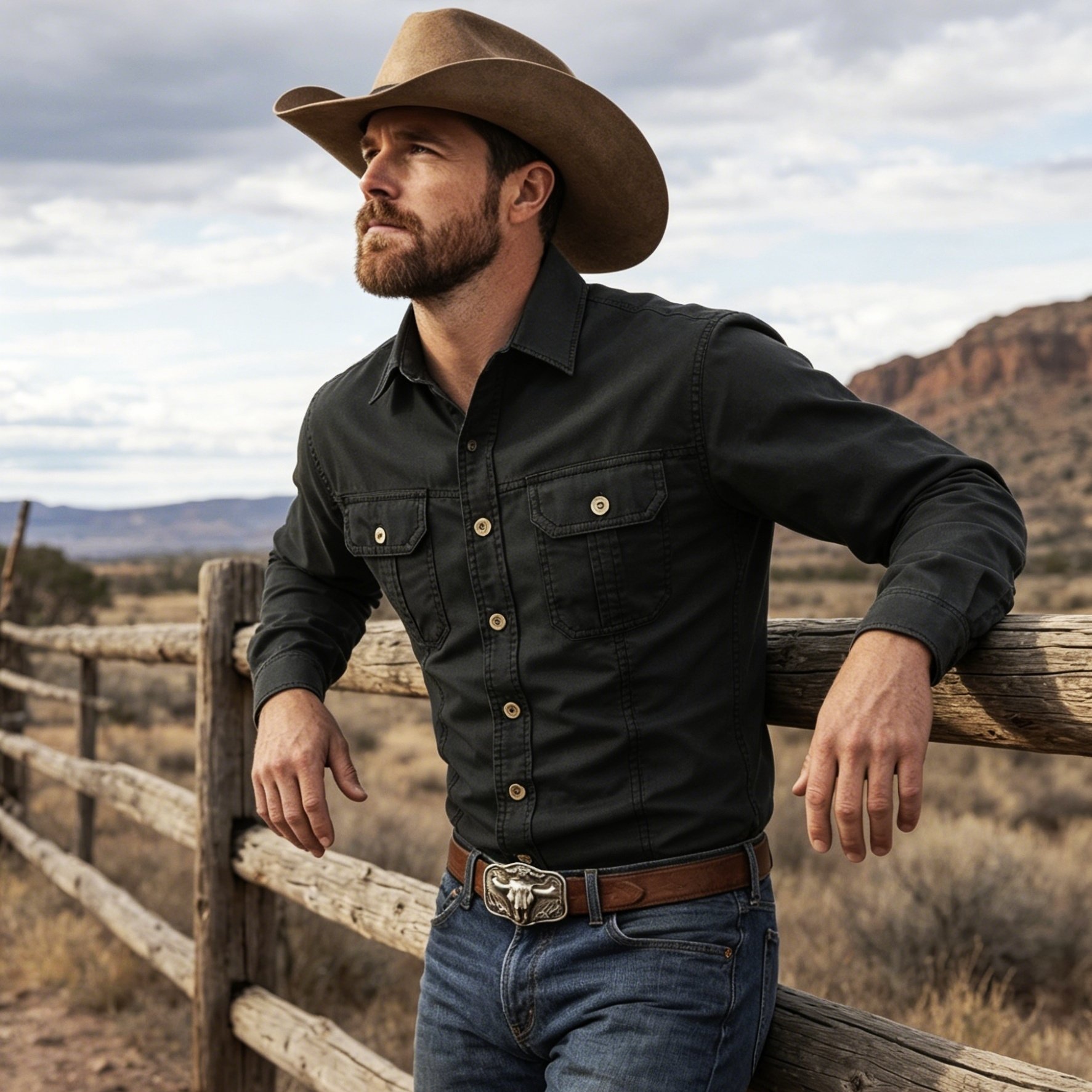 TEMU Men' Color Long Sleeve Work Shirt, Double Pocket Practical Western Style Shirt, Suitable For Outdoor, Construction Site, Commuting And
