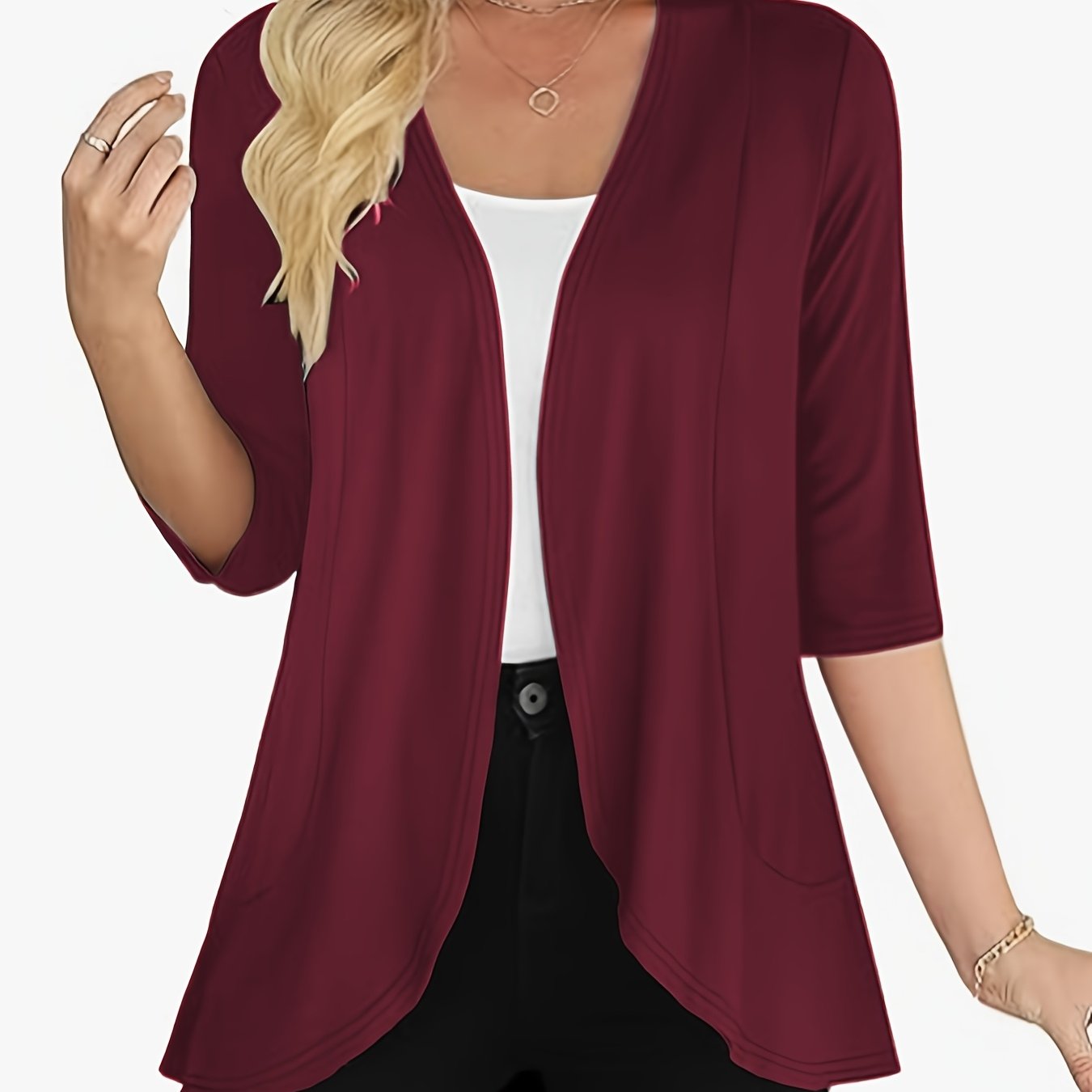 TEMU Elegant -front Cardigan - Solid Color, Short Sleeves, Lightweight Fabric, Stylish Spring And Autumn Outerwear, Thin Cardigan