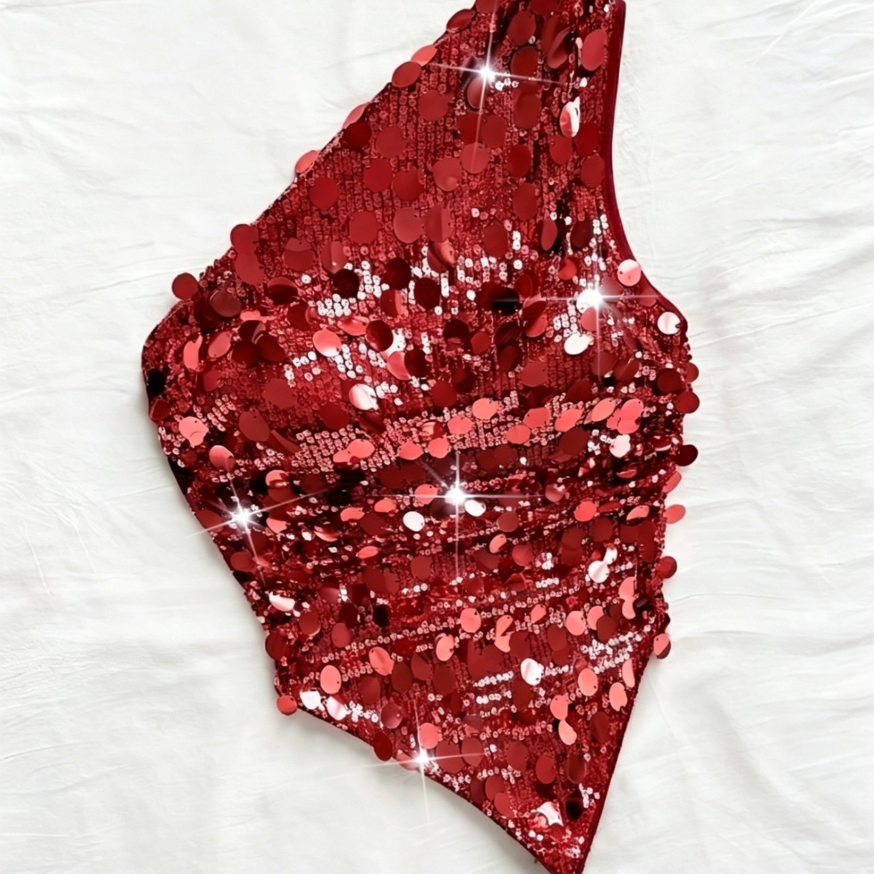 TEMU New Women' Shoulder Sequined Short Top, Featuring Large Round Sequins And Side Shirred Asymmetrical Hem, Suitable For Daily And Dates, Bars,