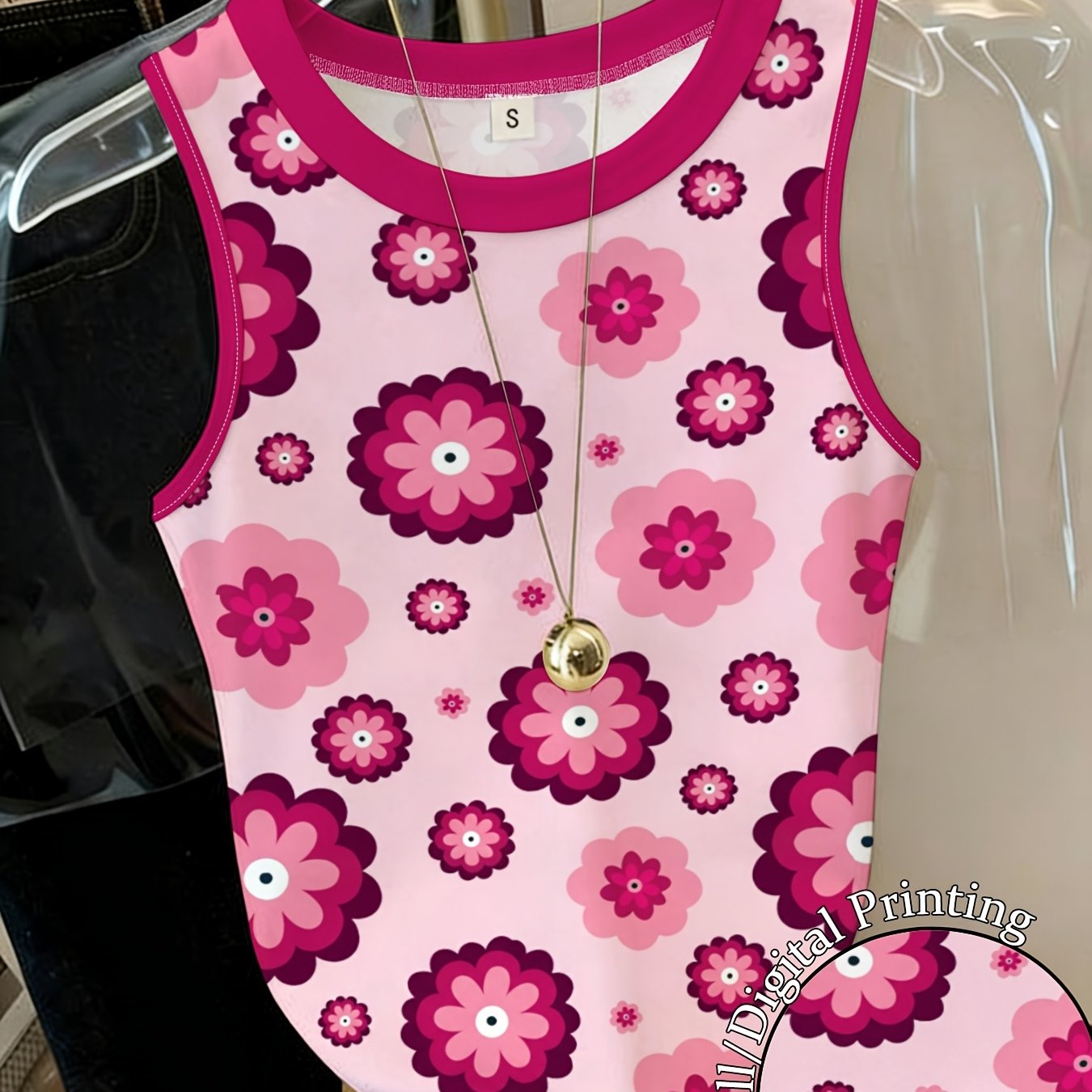 TEMU Pink Flowers Print Summer Women's Sleeveless Shirt Fresh Printed Vest Fashionable Versatile Casual Lightweight Breathable Comfortable Wear