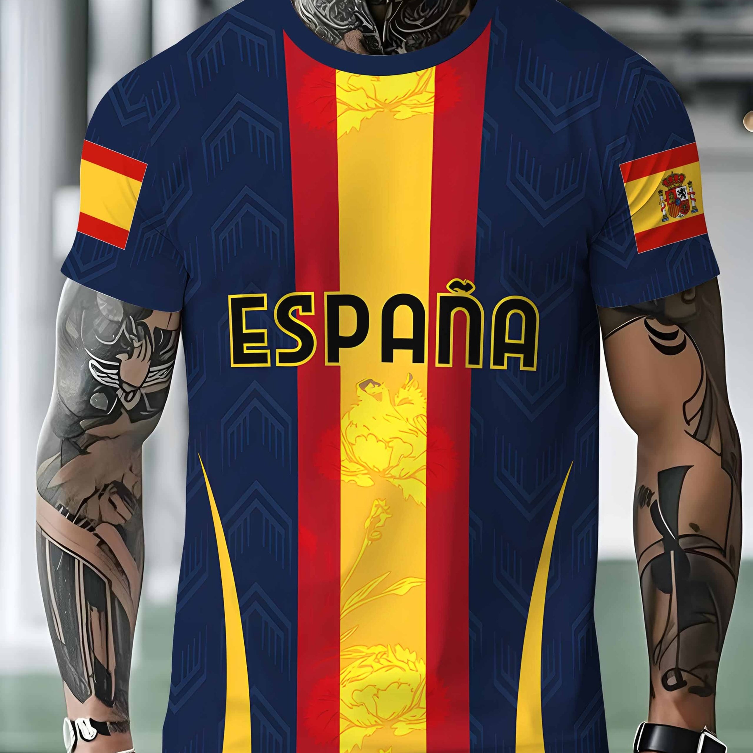 TEMU Spanish National Football T-shirt For & Youth - Spanish Flag Short Sleeve Round Neck Jersey, Machine Washable Casual Sports Top Suitable For