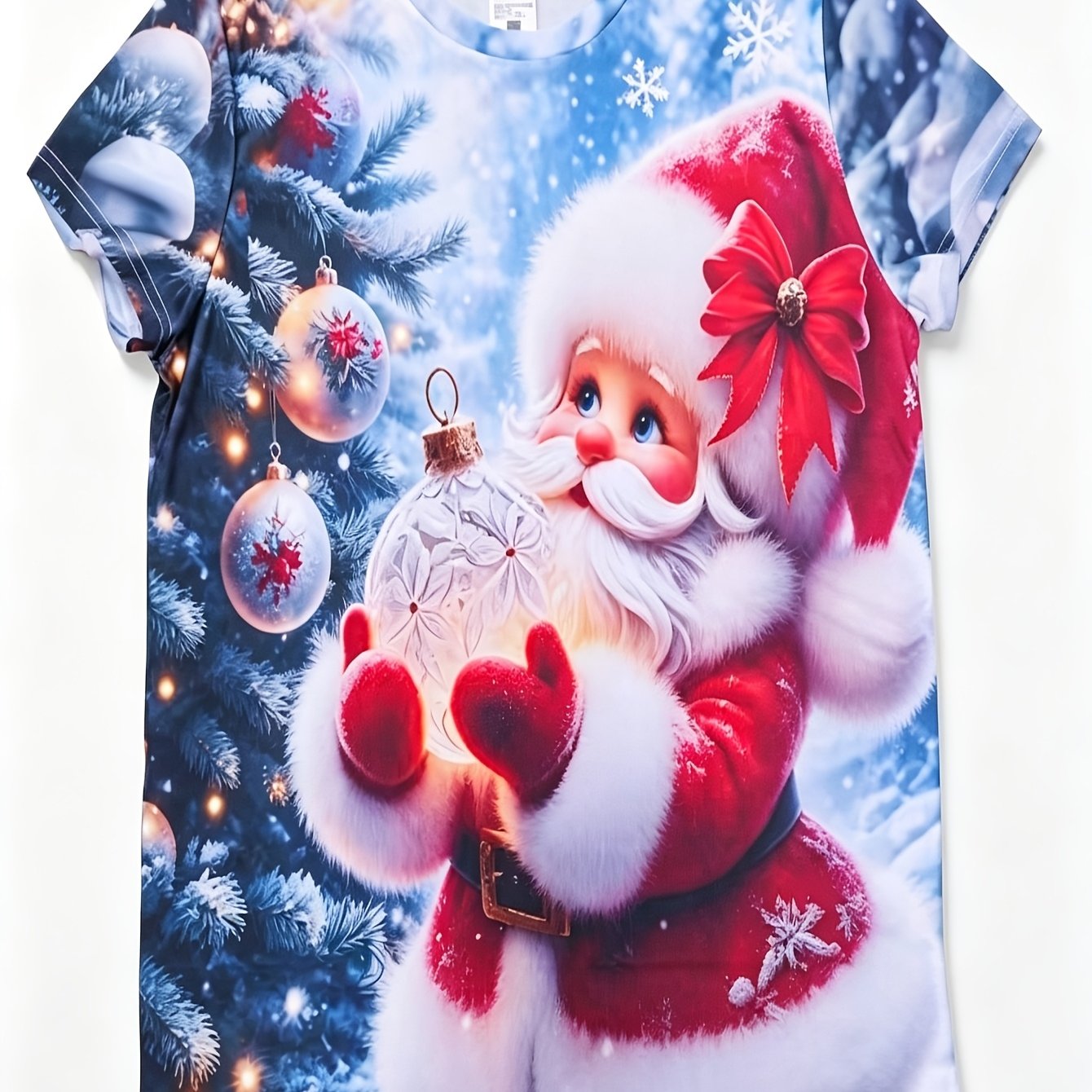 TEMU [printed Design-not Textured] Women's Elegant Christmas T-shirt - Santa Claus And Decorative Pattern Round Neck Casual Holiday Top, Machine