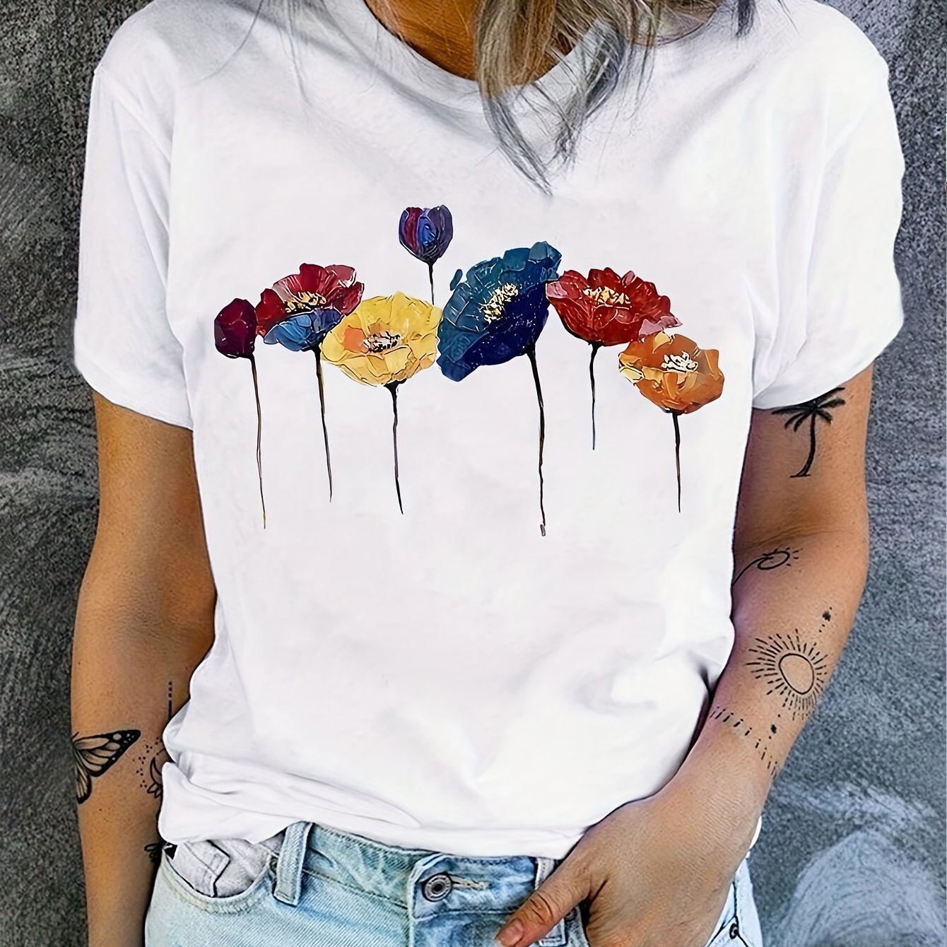 TEMU Floral Neck T-shirt, Casual Short Sleeve T-shirt For , Women's Clothing