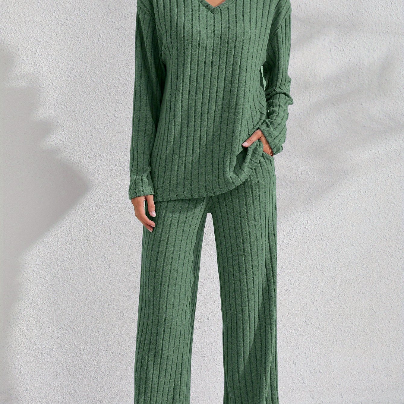 TEMU Completo casual a con pantaloni dritti, top a maniche lunghe con scollo a V