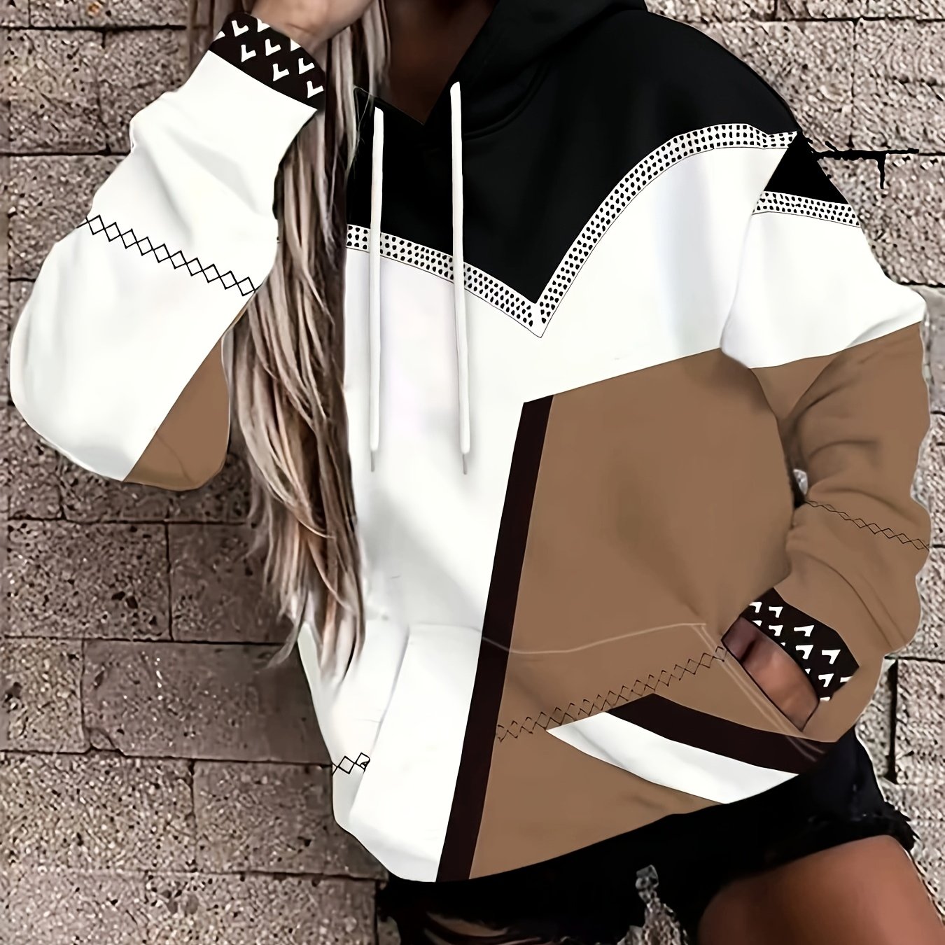 TEMU Halloween Is Hereâchoose Your Style First! Fashionable Women's Loose-fit -style Hooded Sweatshirt With Geometric And Polka-dot