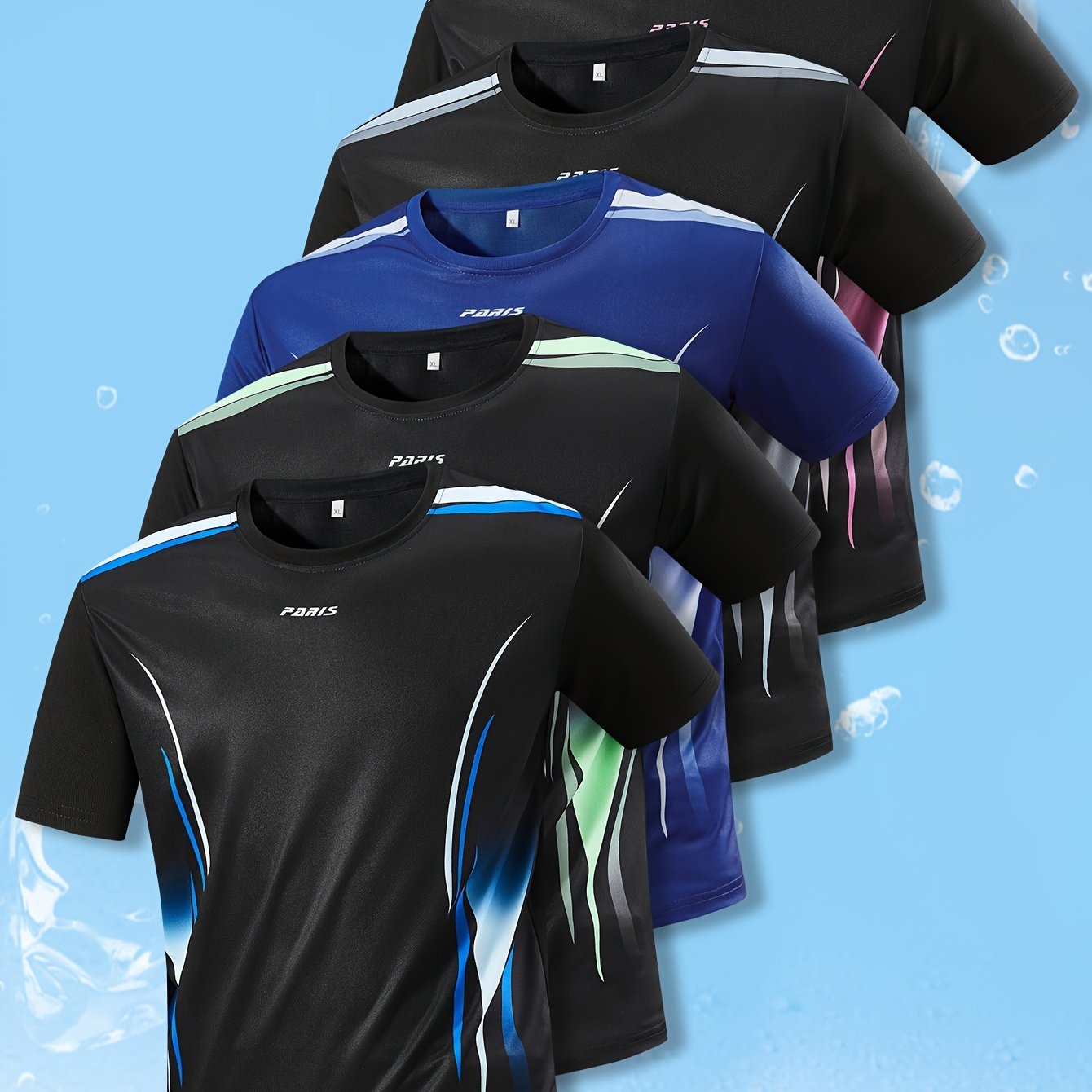 5-pc Men's Casual Athletic T-shirts, Summer Quick-dry Fabric Men's Sports Shirts, Stretch Breathable Mesh Fabric Men's T-shirts, Gradient Fashion Print Training Top Short Sleeve T-shirt