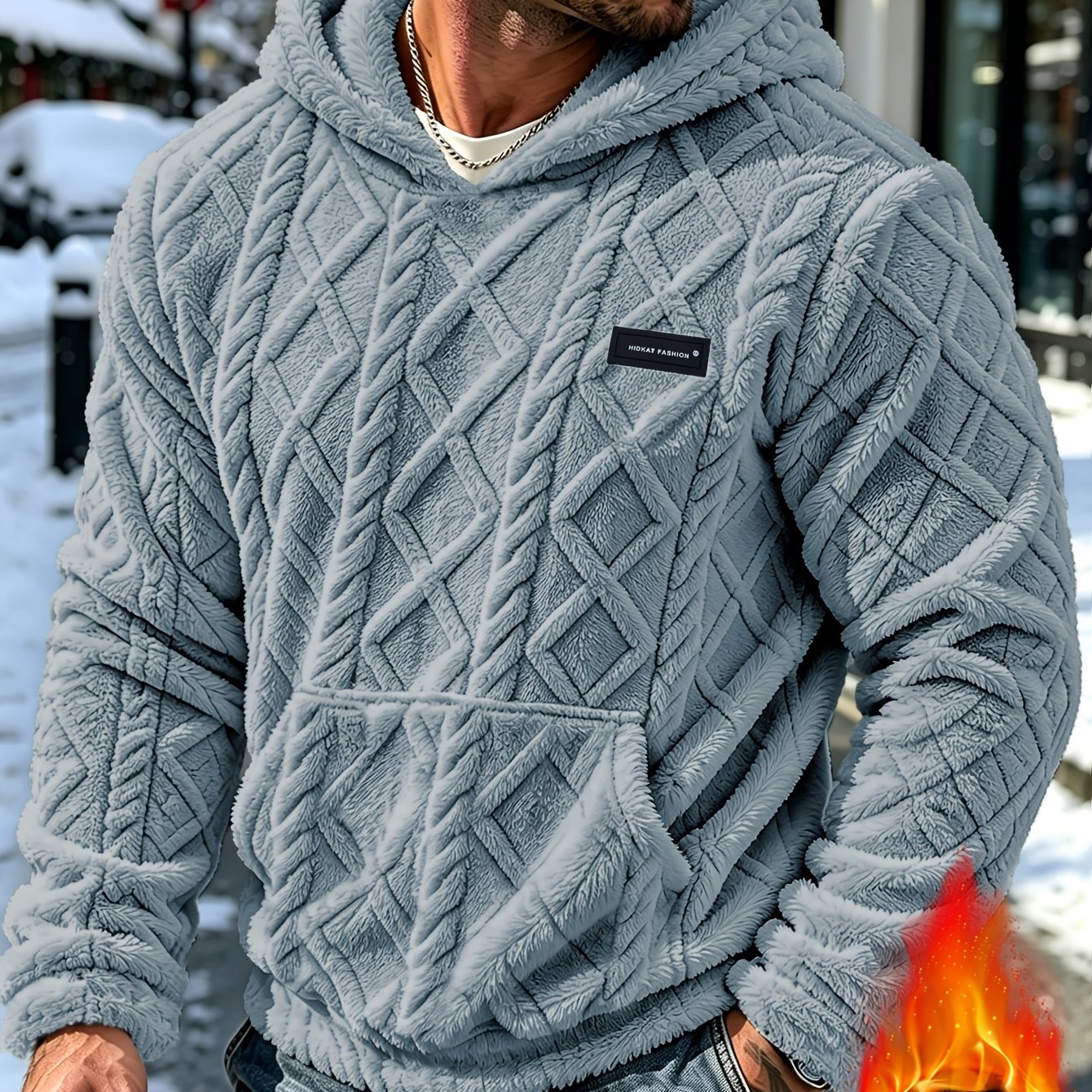 TEMU Sweat à capuche chaud doublé décontracté d'hiver pour homme, pull doux avec grande poche, texture torsadée, coupe ample, convient pour les