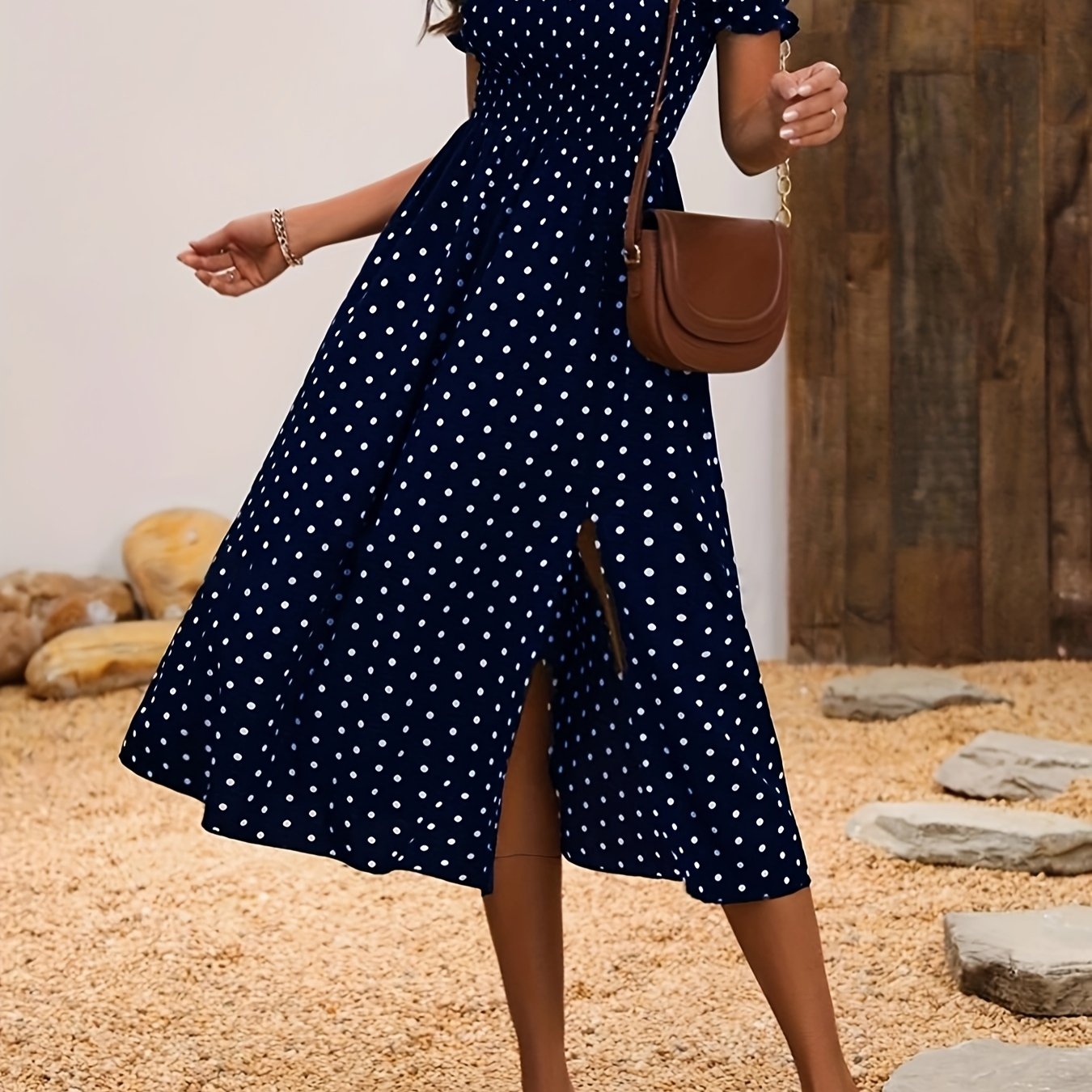 Polka Dot Print Off-shoulder Square Neck Reversible Ruched Waist Dress