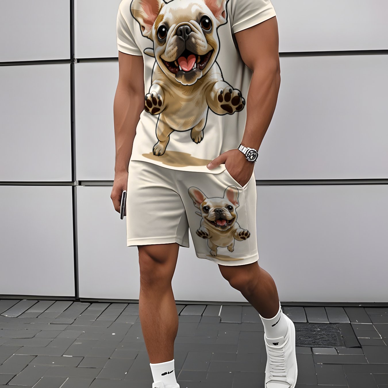 TEMU French Bulldog Print Short-sleeve Set, Men's Summer Casual T-shirt And Shorts 2pcs Set, Trendy Couple's Outfit