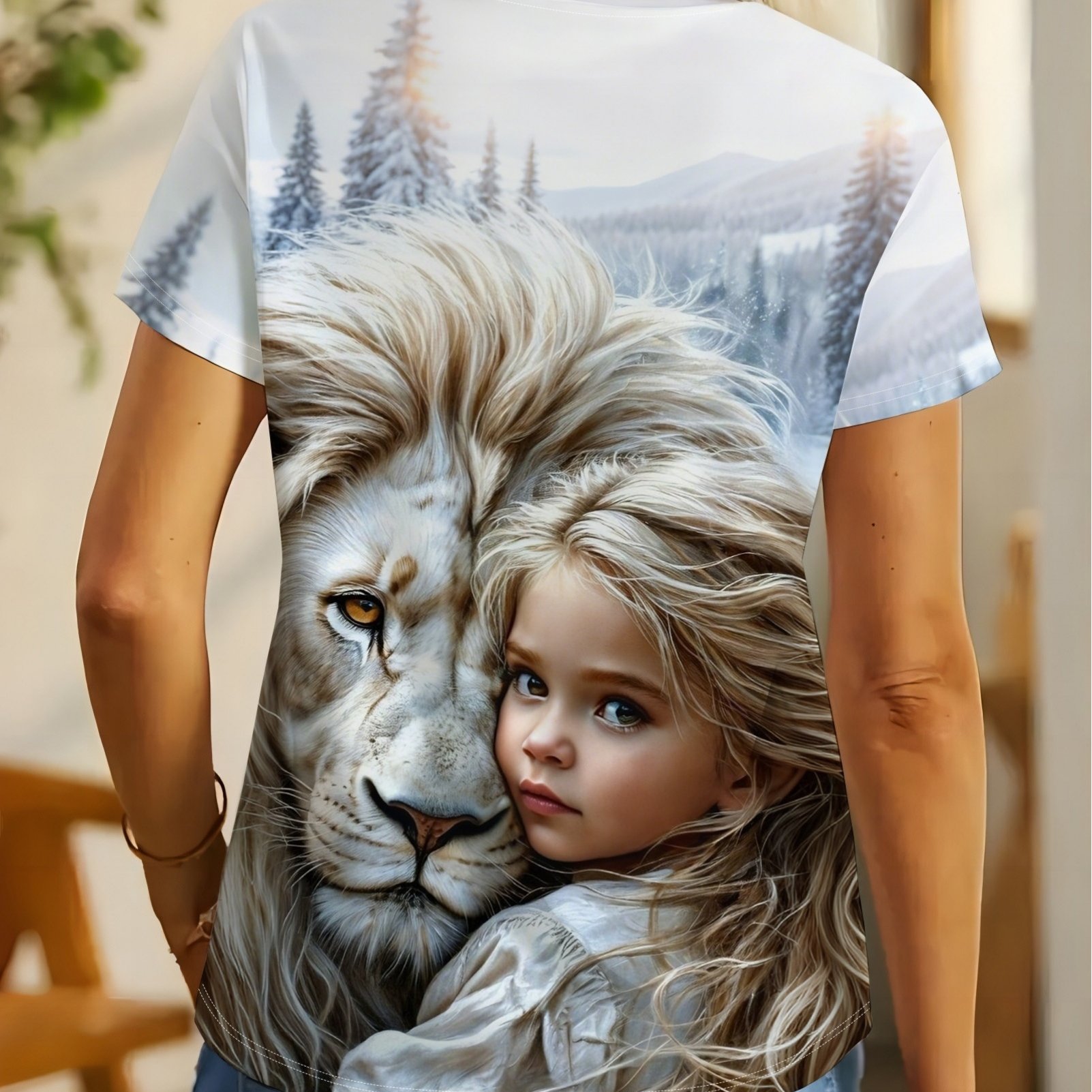 TEMU Standard Size Women's Winter Series White Lion & Cute Print T-shirt, Niche Artistic Snow Scene Pattern Short Sleeve, Loose , Multiple Sizes ,