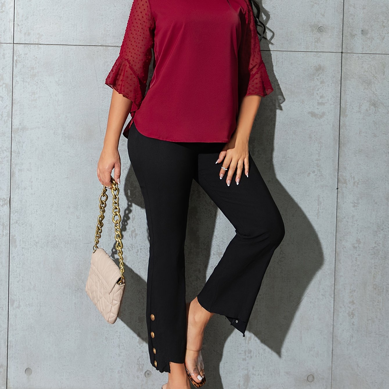 TEMU Elegant Women's Blouse With Mesh Detail And Ruffle Sleeves - Crew Neck, Solid Color, Spring/summer/fall