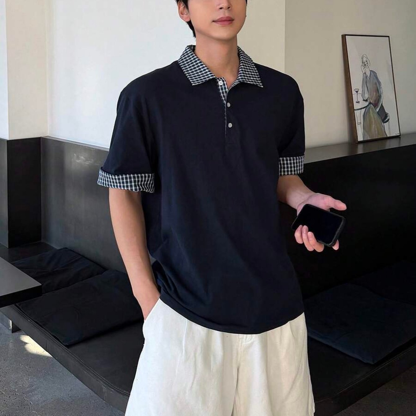TEMU 남성용 격자무늬 대비 칼라 폴로 셔츠 - 여름 캐주얼 핏 칼라, 기계 세탁 가능, 봄/가을용, 레귤러 핏, 캐주얼웨어, 격자무늬 프린트 셔츠, 플러스 사이즈