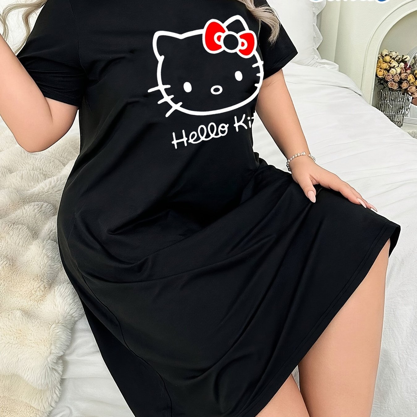 TEMU [licensed] Hello Kitty Women's Nightgown- Cartoon Pattern Print, Casual And Comfortable, Short Sleeve Round Neck For , Plus Size Long Nightgown