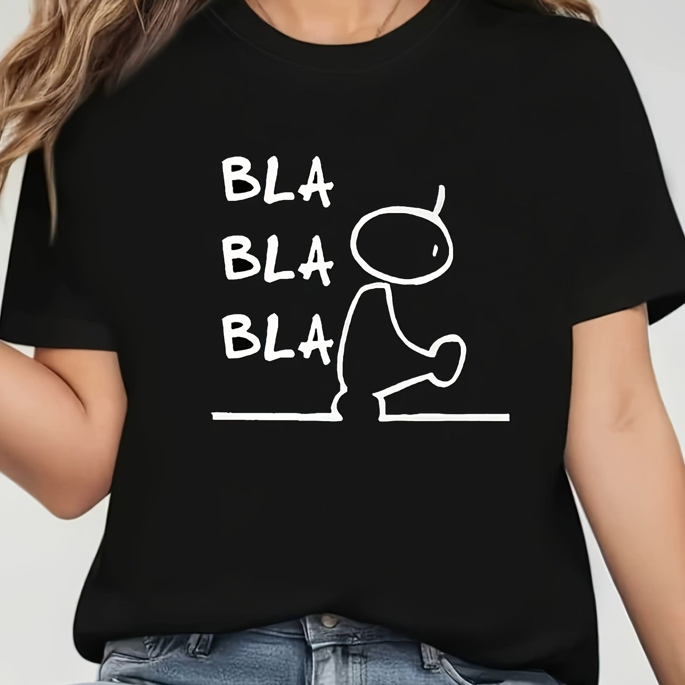 TEMU Plus Size - Plus Size - Plus Size T-shirt, Bla Emotional Minimalist Line Illustration, Rebellious Pattern Printing, Women's Black Round Neck