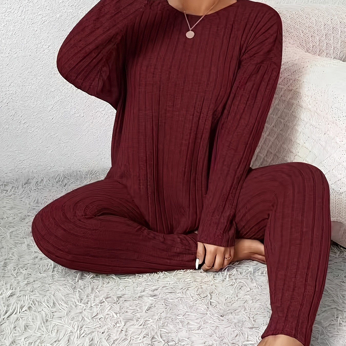 TEMU Ensemble décontracté de tous uni à manches longues avec haut et pantalon