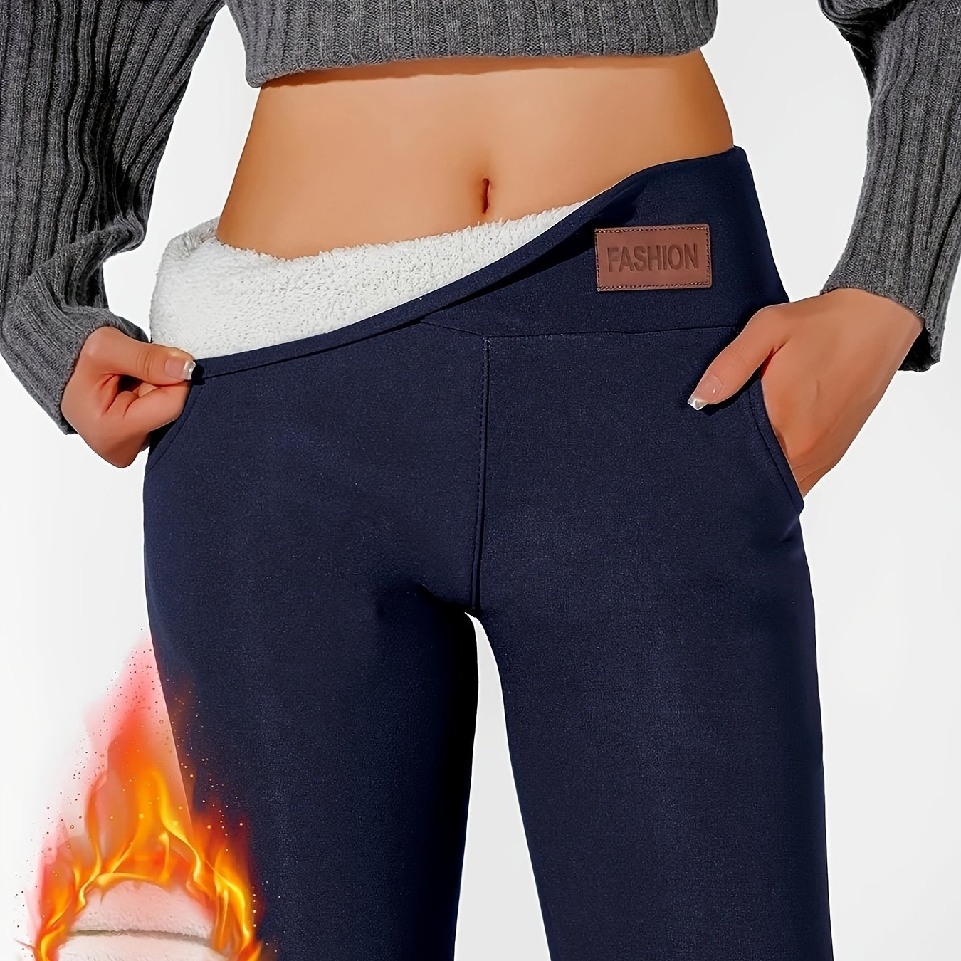 Image of 1pc Women's High-waisted Thermal Full-length Pants - Winterproof Stretchable Trousers With Leather Label Detail, Solid Color For Gym, Training, Casual Attire - Mature Pantsuit